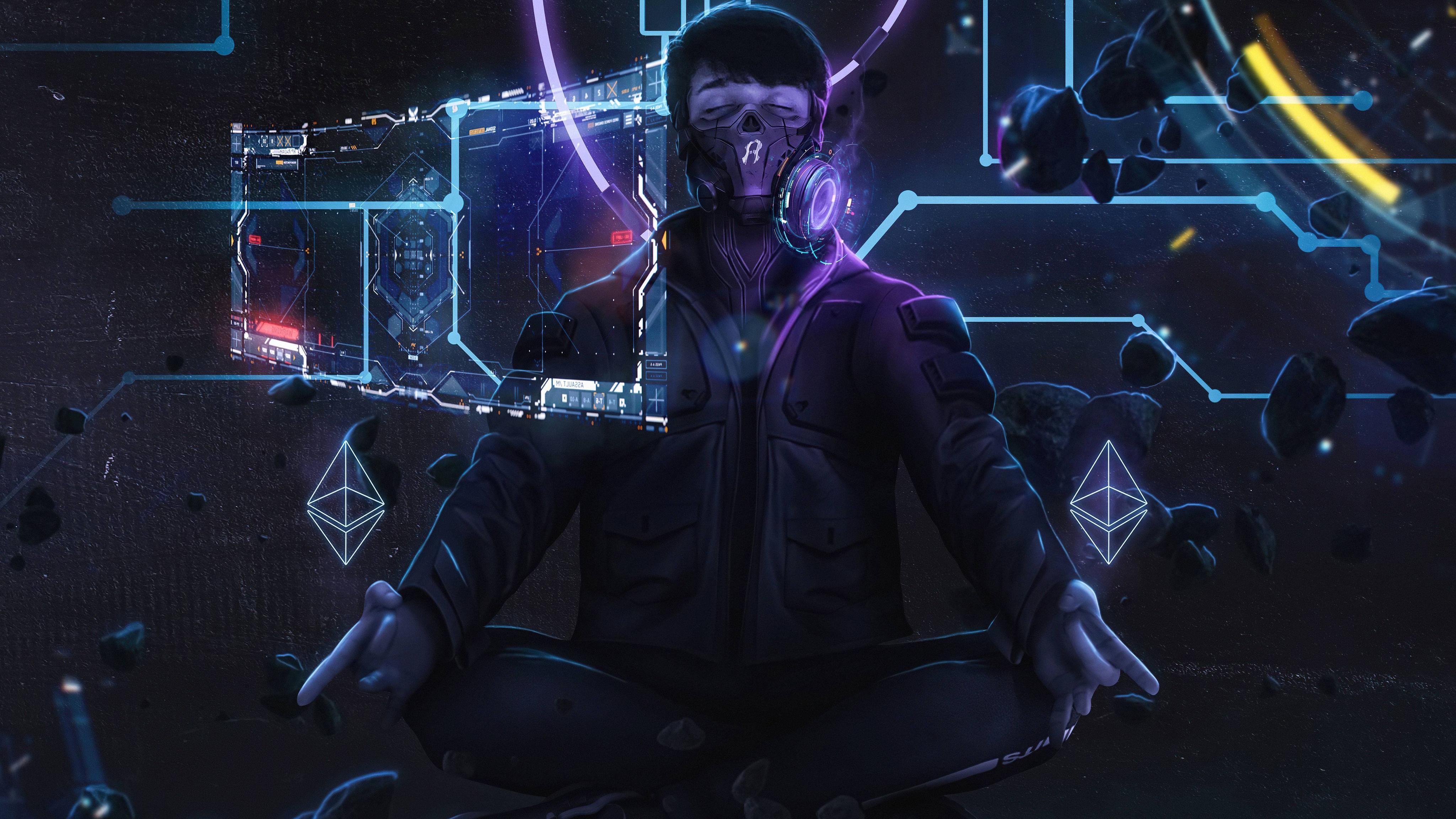 4096x2304 Cyberpunk Gas Mask Man Meditating Wallpaper, HD Artist 4K Wallpaper, Image and Background