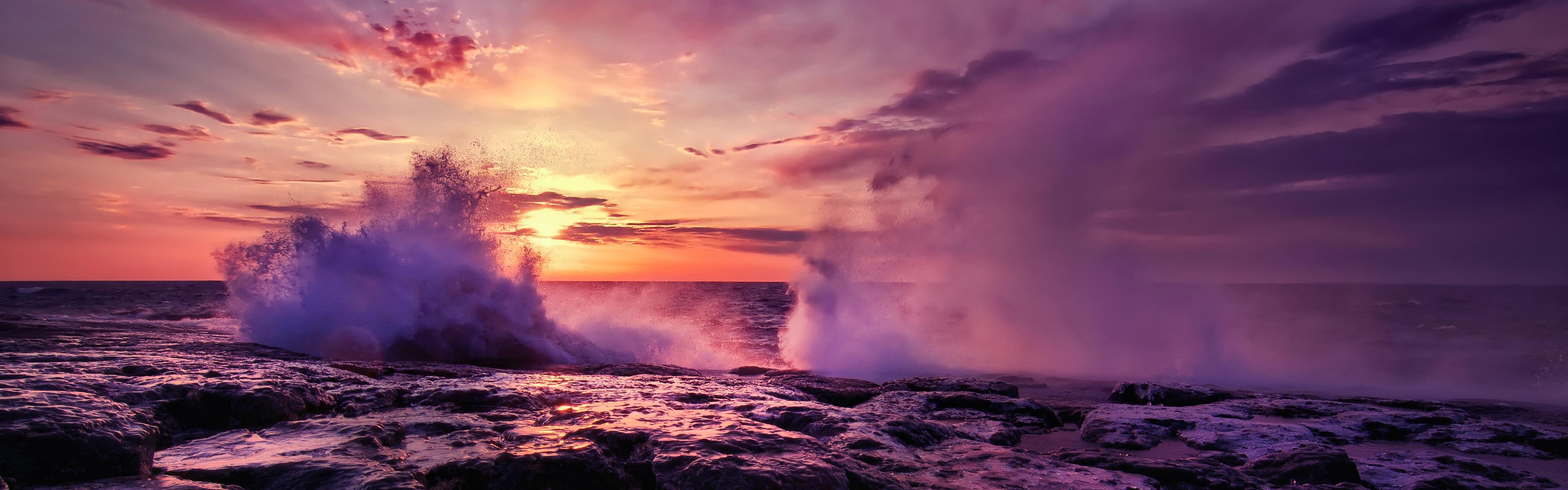 3840x1200 water ocean clouds nature sun waves dusk multiscreen skyscapes 3840x1200 wallpaper