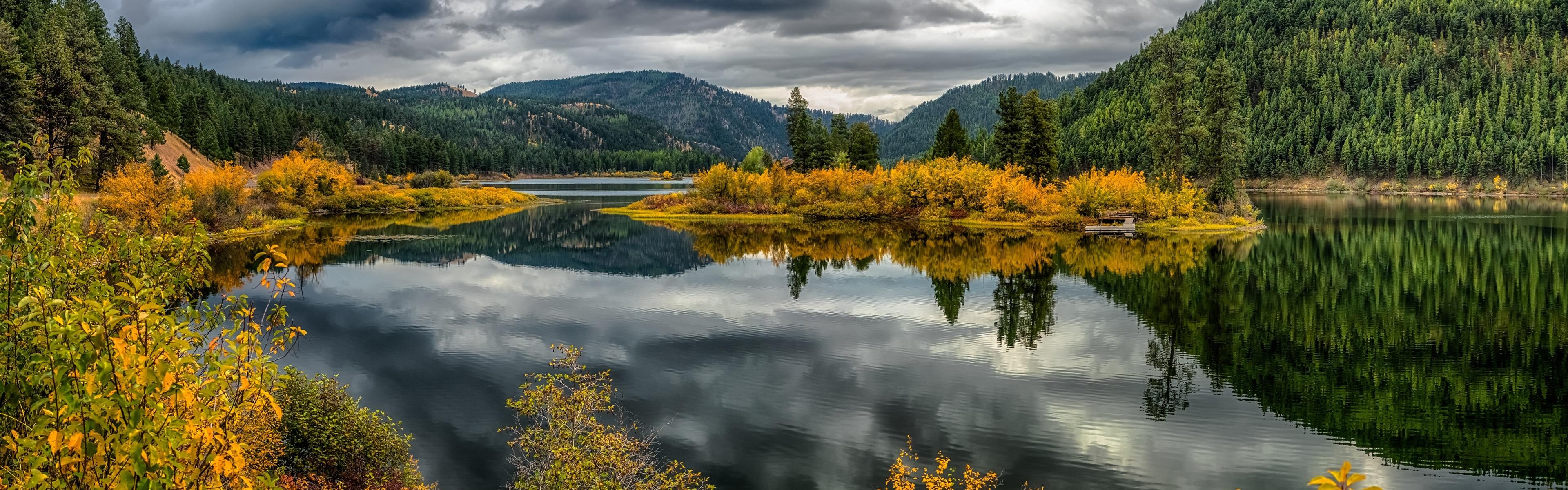 3840x1200 Wallpaper Lake Alva, trees, water reflection, Montana, USA 3840x1200 Multi Monitor Panorama Picture, Image