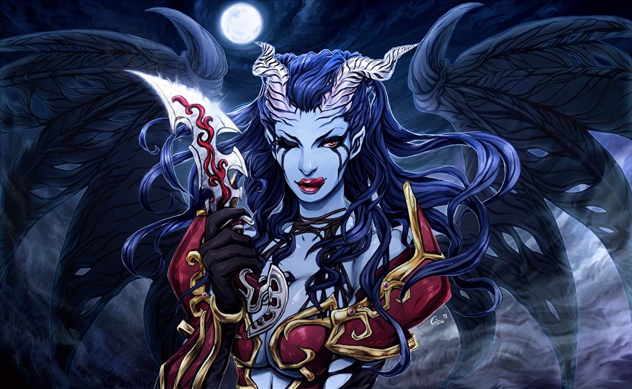 1280x789 Desktop Wallpaper DOTA 2 Queen of Pain Warriors Horns Wings Fantasy