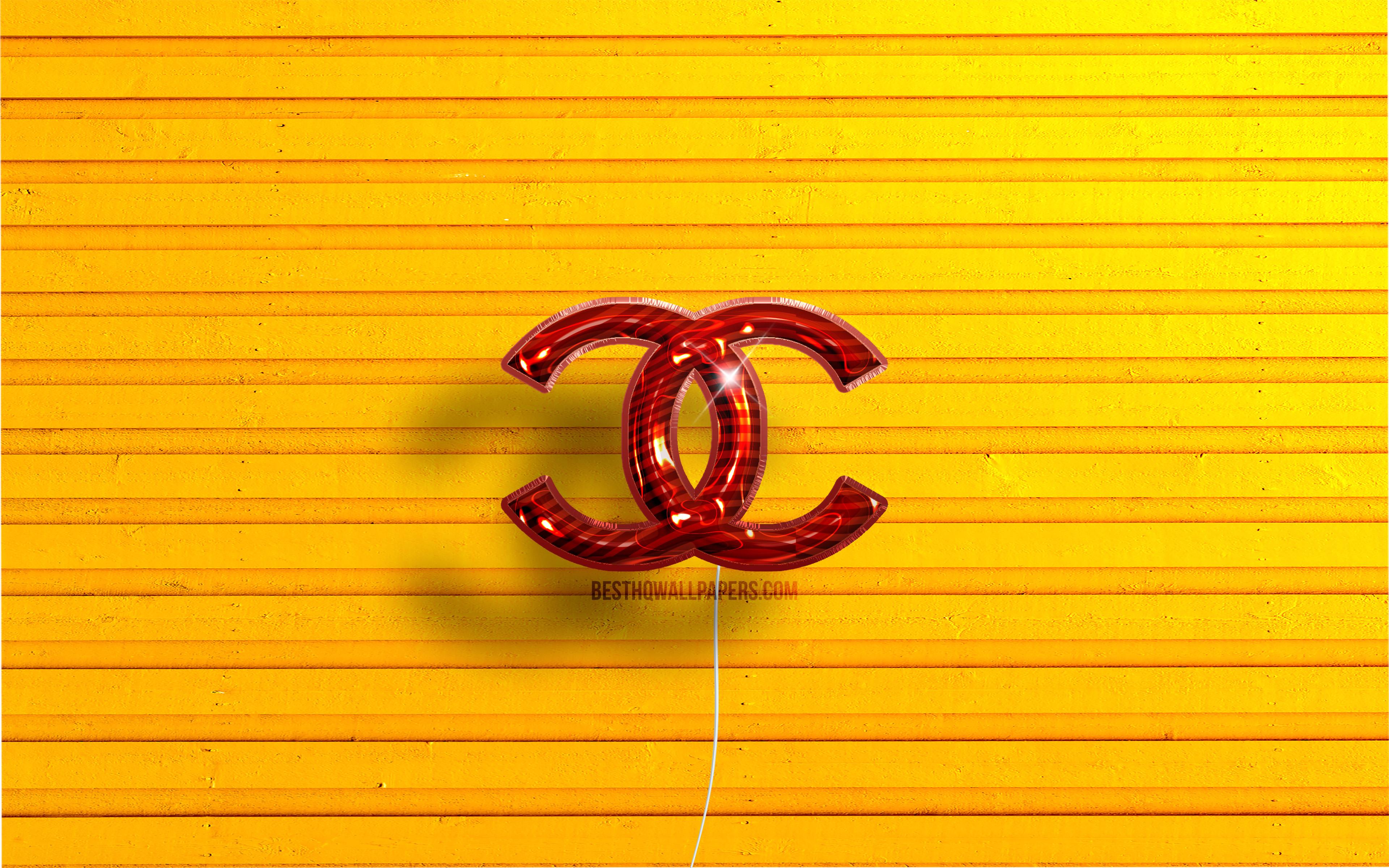 3840x2400 Download wallpaper Chanel logo, 4K, red realistic balloons, fashion brands, Chanel 3D logo, yellow wooden background, Chanel for desktop with resolution 3840x2400. High Quality HD picture wallpaper