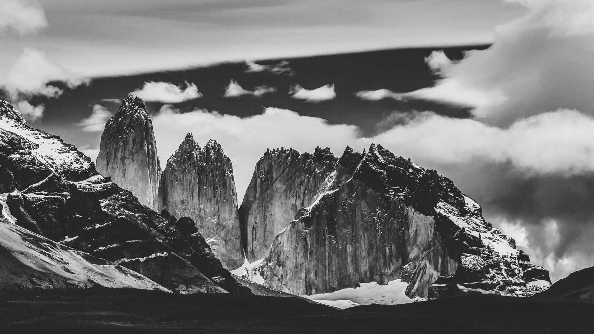 1920x1080 Desktop wallpaper torres del paine national park, mountains, black and white, HD image, picture, background, a18604