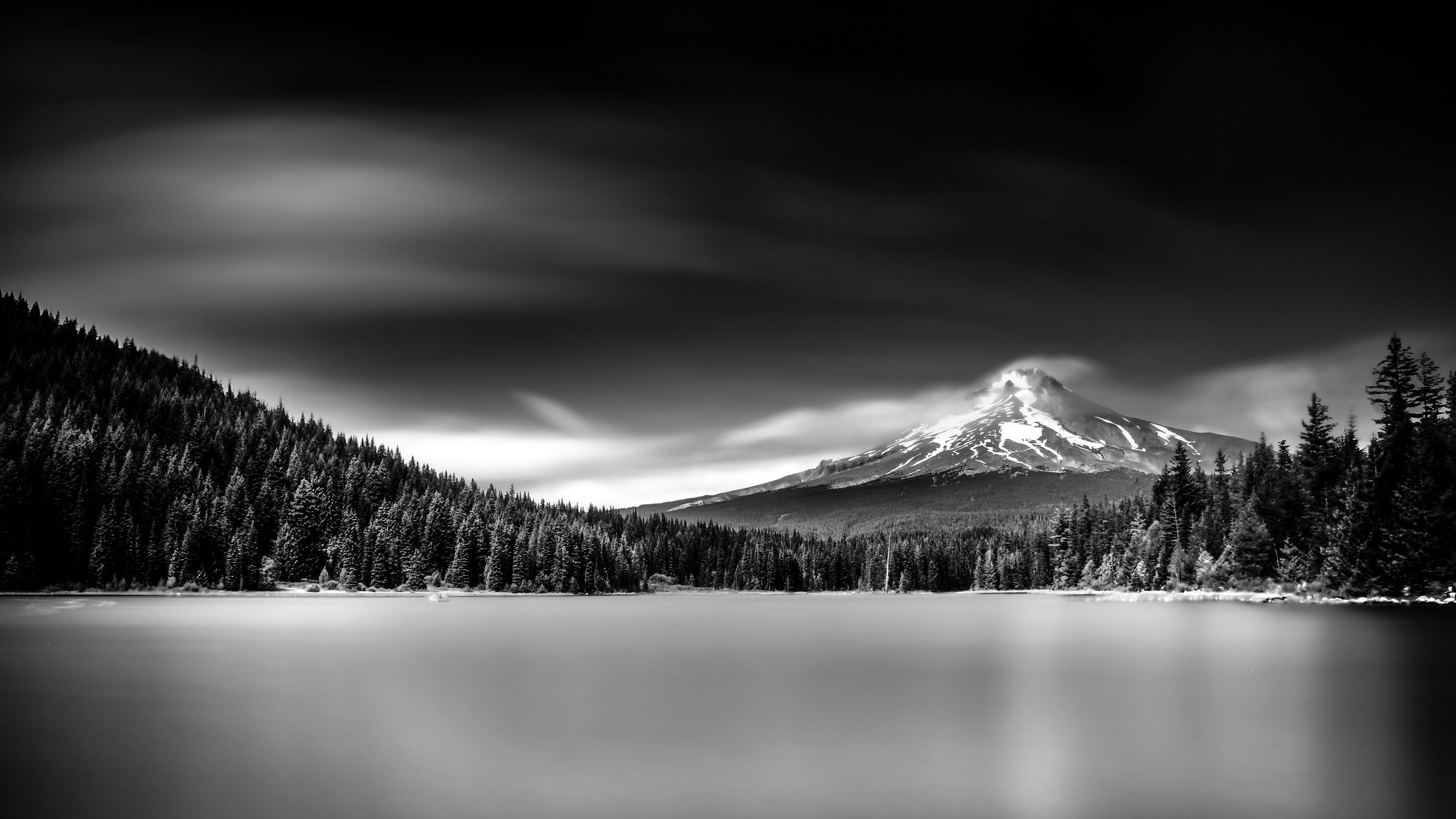 3840x2160 icy mountain lake black and white wallpaper HD Wallpaper