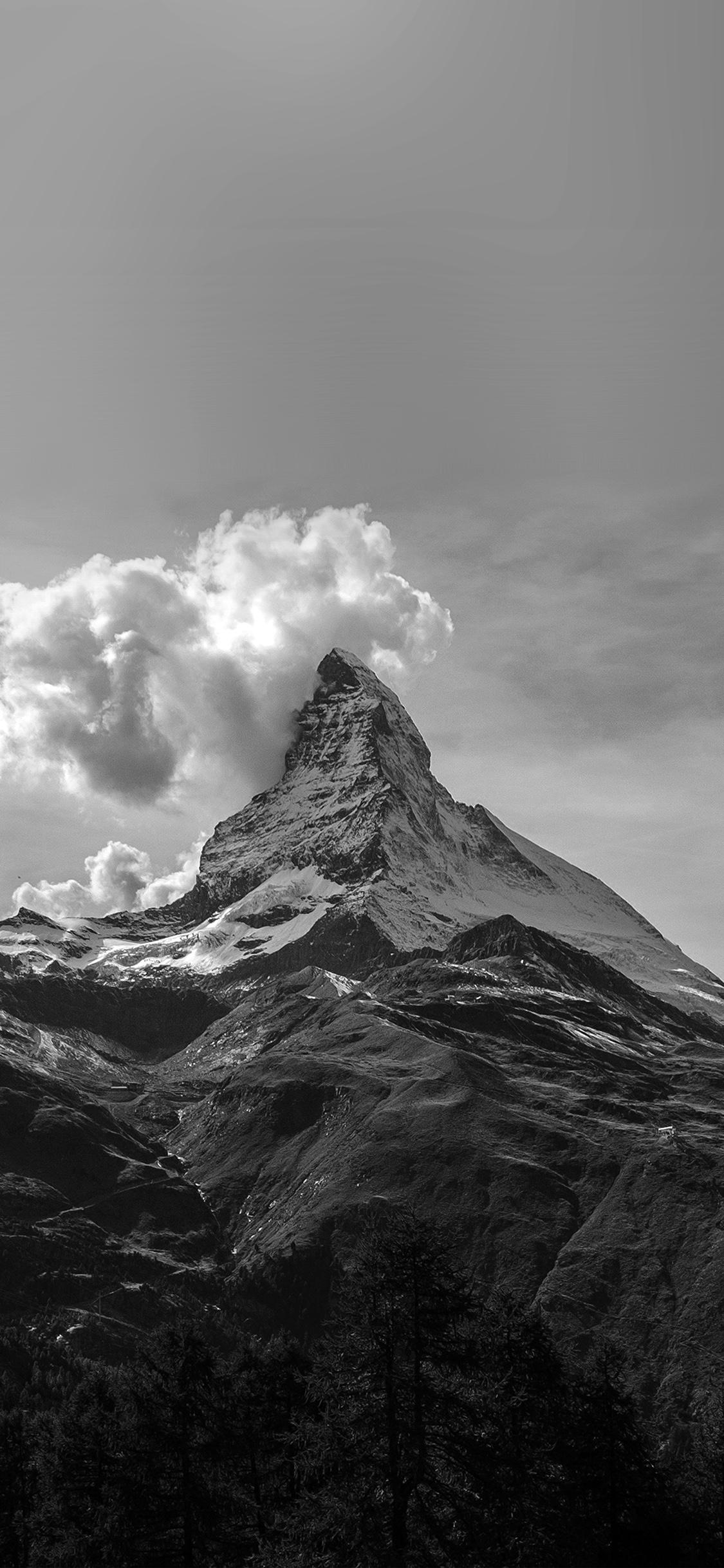 1125x2436 mountain snow sky nature bw