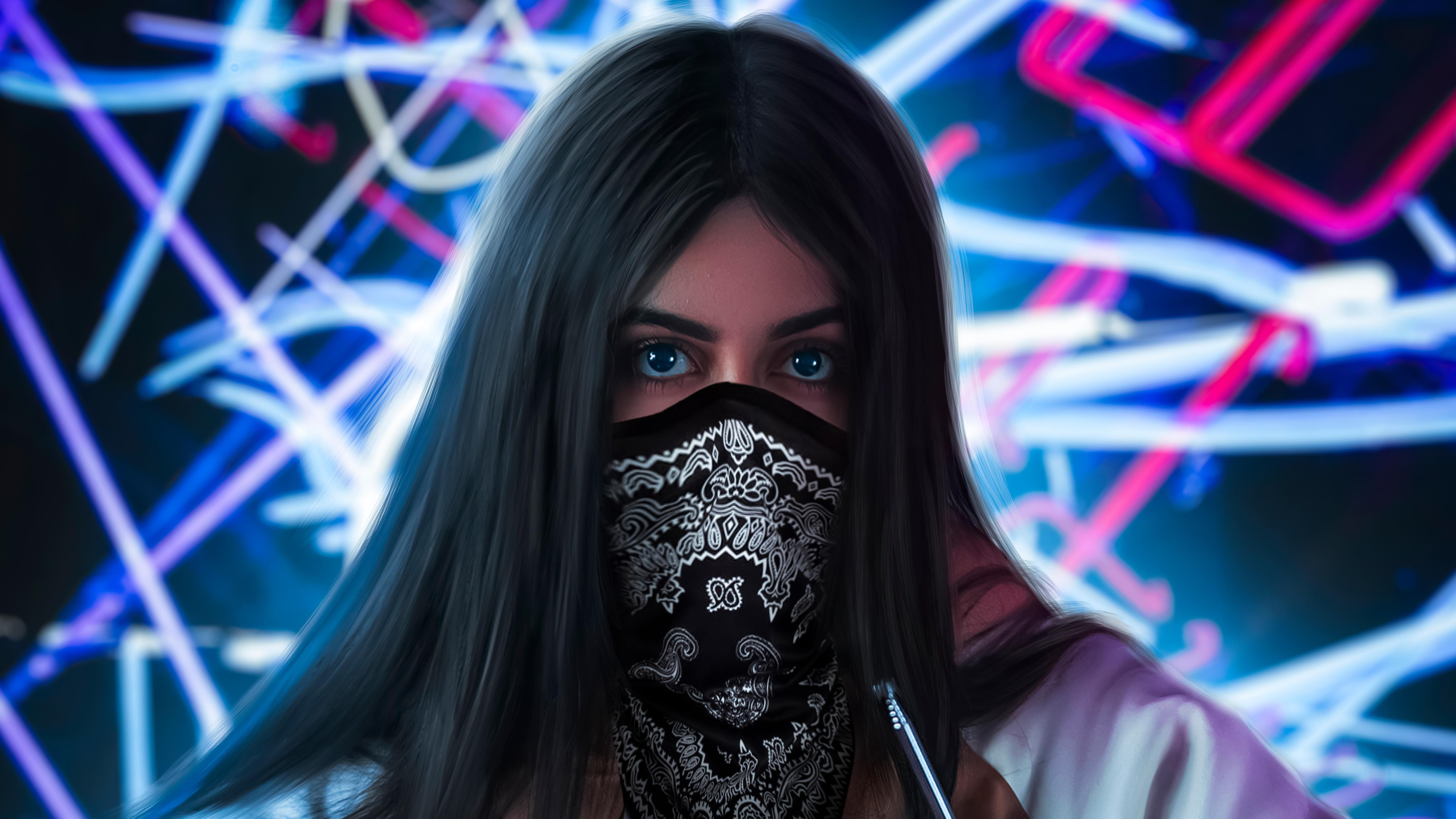 5120x2880 Girl Mask Hoodie Long Hairs 5k, HD Artist, 4k Wallpaper, Image, Background, Photo and Picture