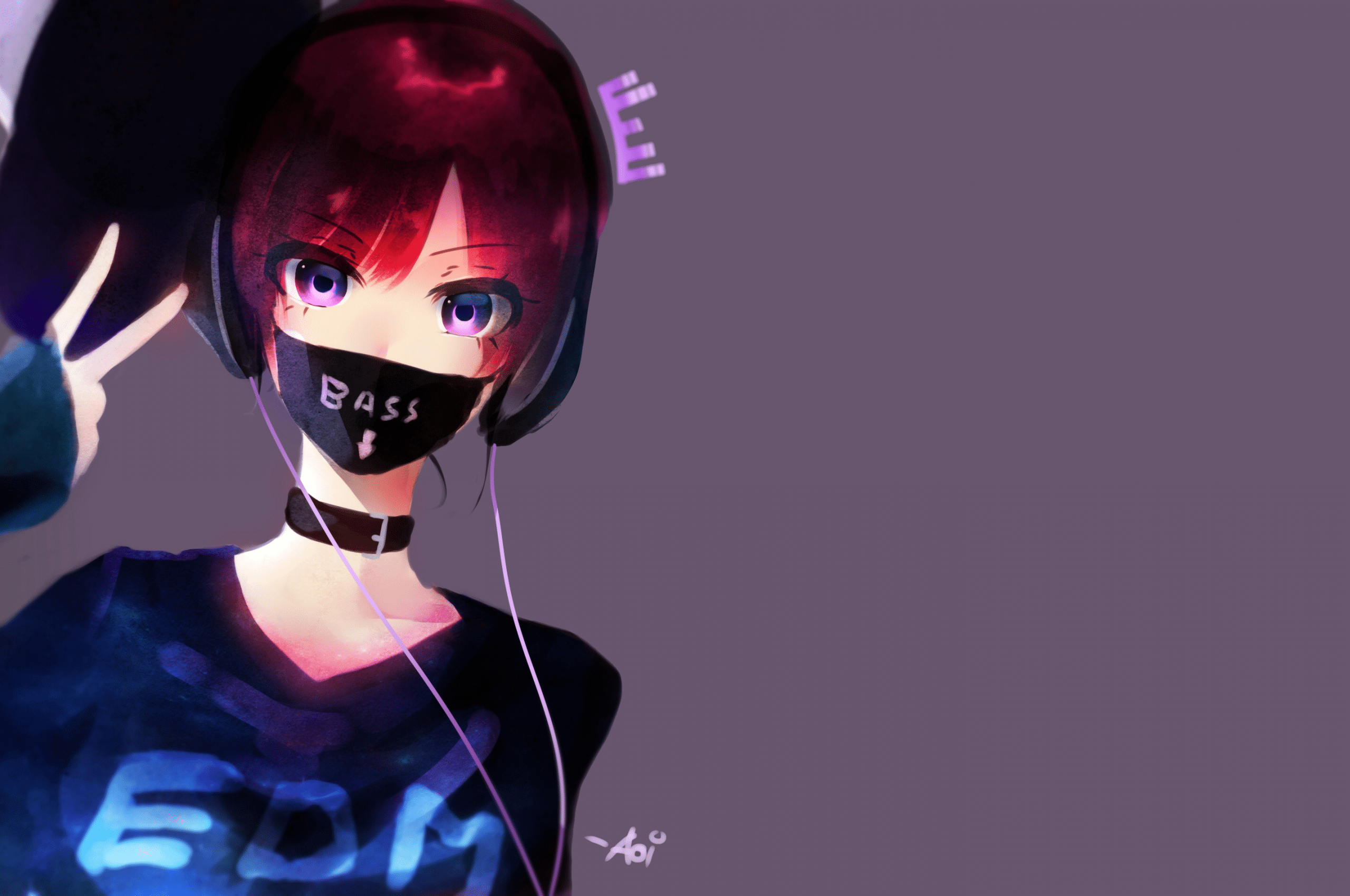 2560x1700 Download 2560x1700 Anime Girl, Mask, Redhead, Headphones Wallpaper for Chromebook Pixel