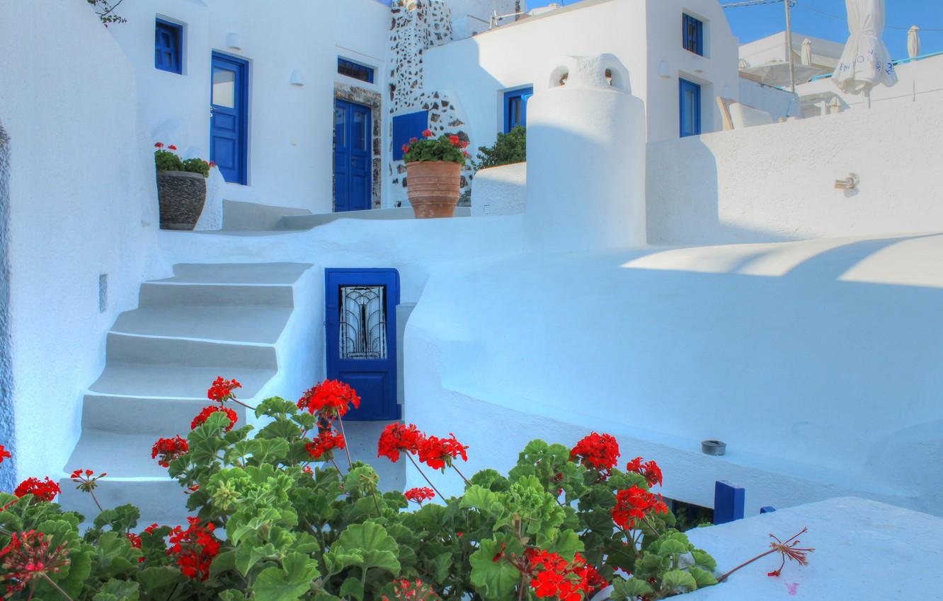 1332x850 Wallpaper flowers, house, Santorini, Greece, the door, stage image for desktop, section разное