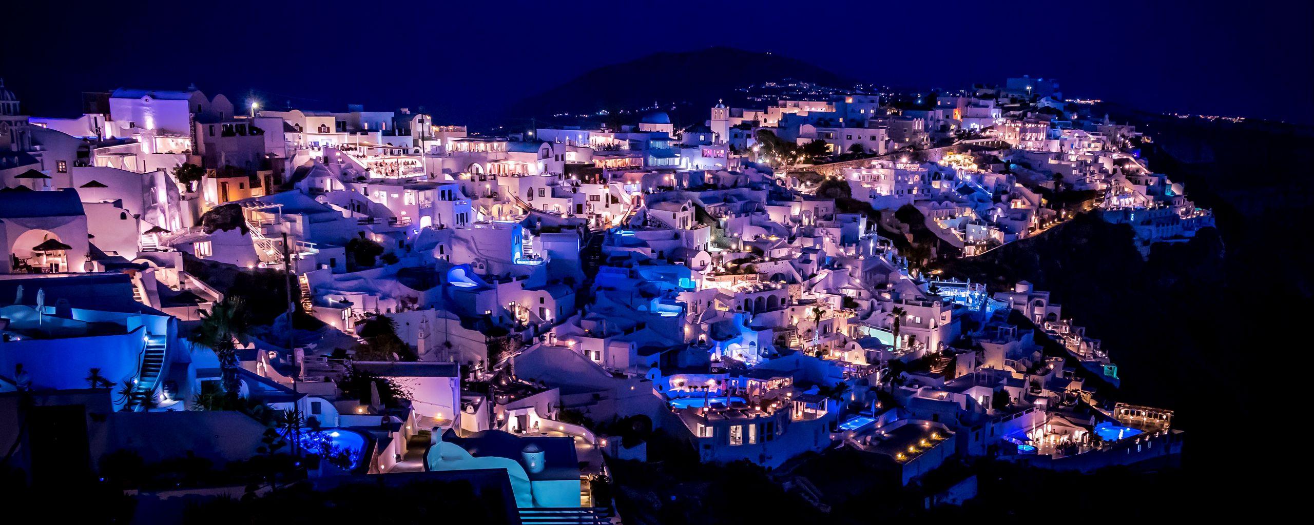 2560x1024 Download wallpaper 2560x1024 santorini, greece, night city, lighting ultrawide monitor HD background