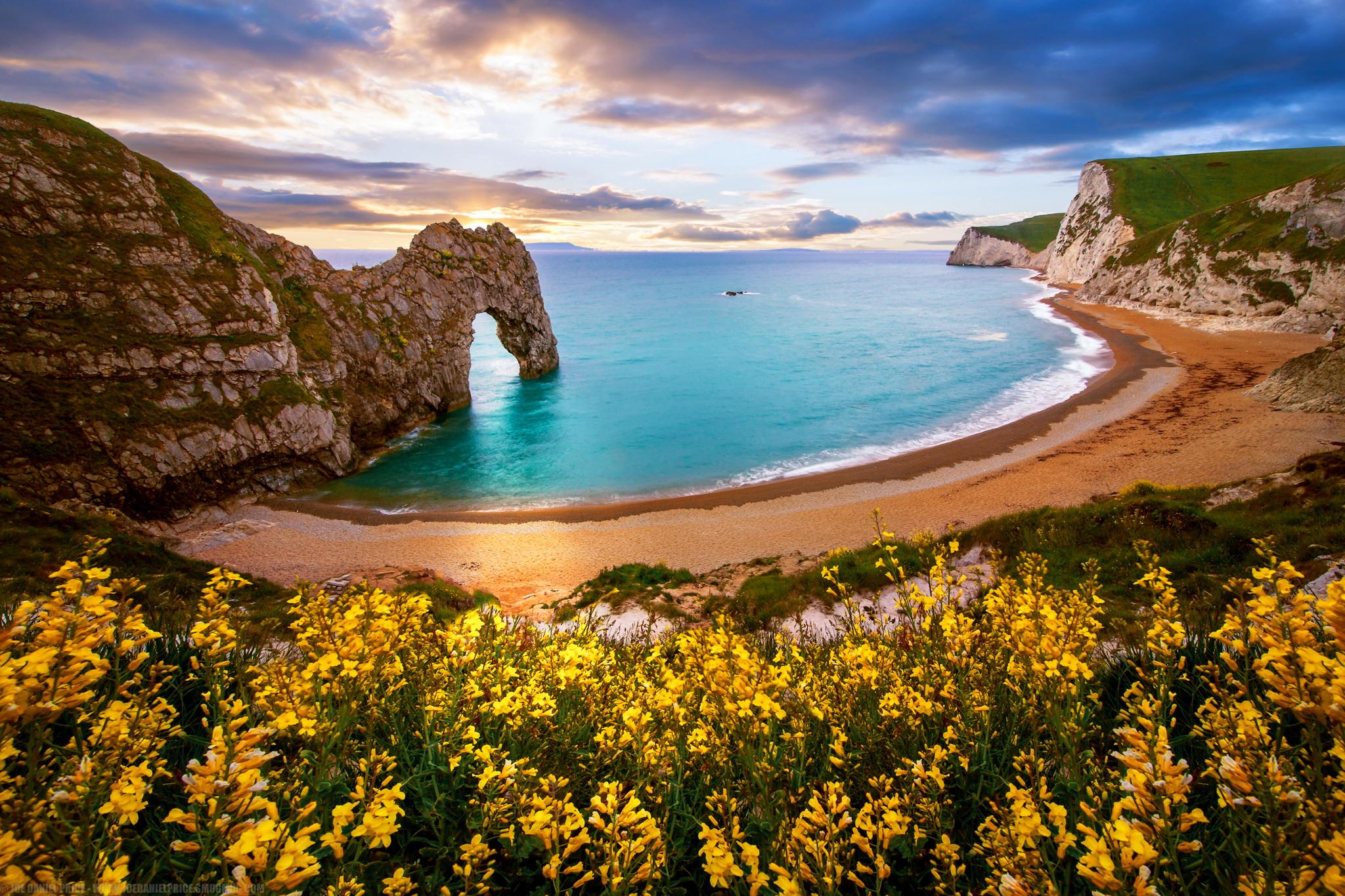 2048x1366 Stunning Durdle Door: HD Wallpaper of Yellow Flowers and Ocean Cliffx1366