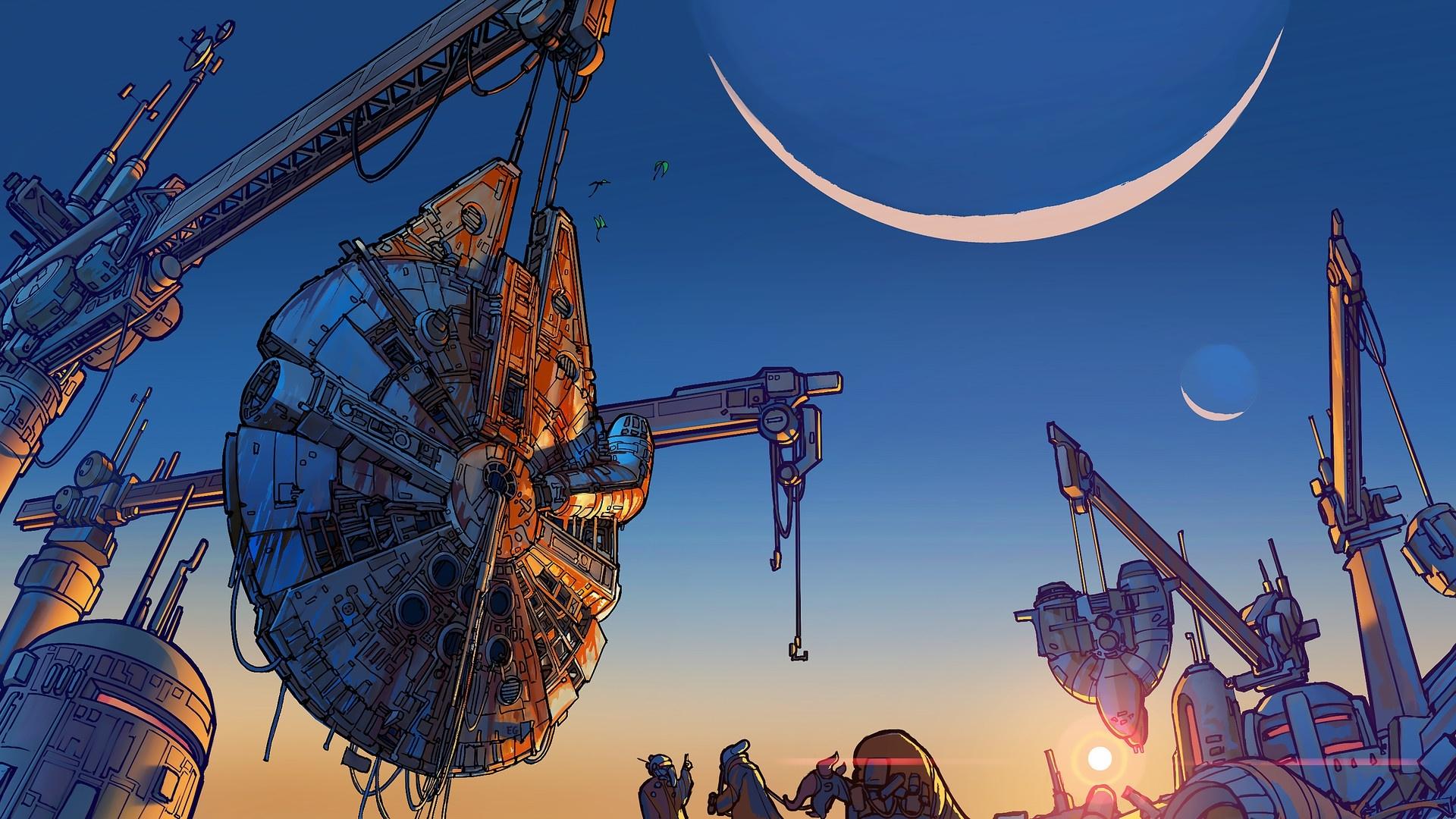 1920x1080 Download 1920x1080 Millennium Falcon, Star Wars, Construction, Artwork, Sunlight, Planet Wallpaper for Widescreen