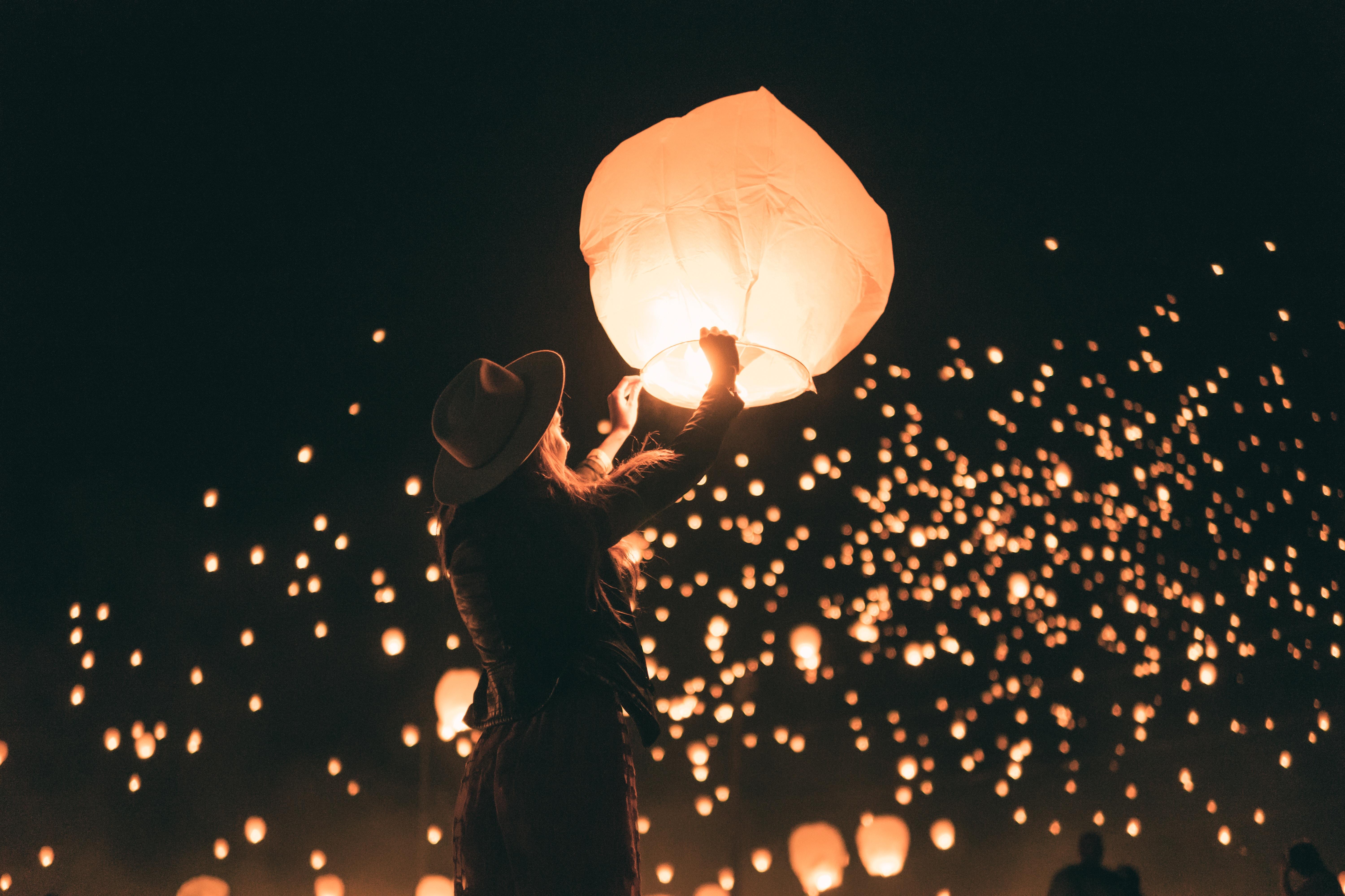 6000x4000 6000x4000 magical, hat, lantern, light, person, wallpaper, lantern fest, fire, bokeh, festival, model, background, lady, PNG image, night, female, dark, woman