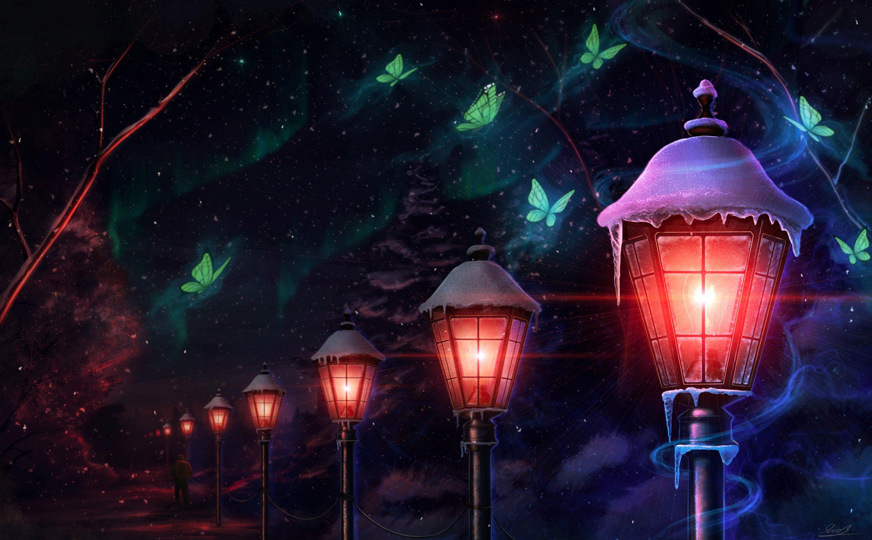 3000x1860 tree, Butterfly, Lantern, Light, Magic, Animal, Anime Wallpaper HD / Desktop and Mobile Background