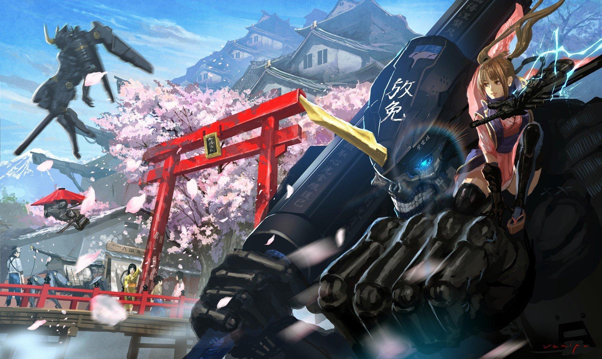 2000x1194 original characters, Samurai, Robot, Mech, Cherry blossom HD Wallpaper / Desktop and Mobile Image & Photo