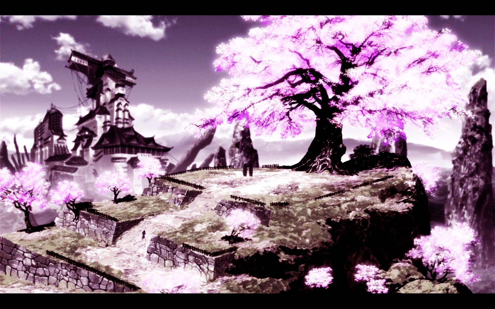 1680x1050 afro samurai cherry blossoms clouds flowers landscape scenic sky tagme (artist) tree. konachan.com.com Anime Wallpaper