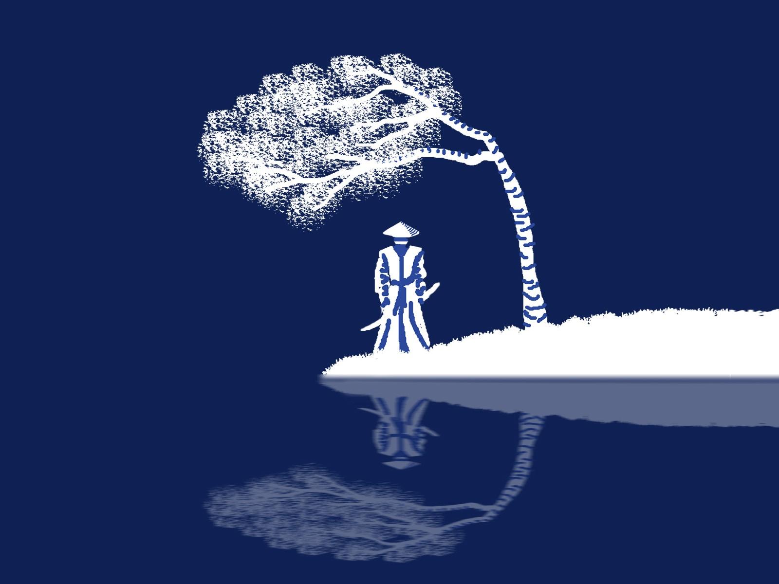 1600x1200 cherry trees, lake, samurai HD Wallpaper