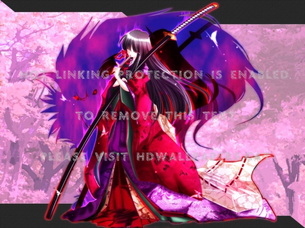 1024x768 samurai purple hair cherry blossom trees