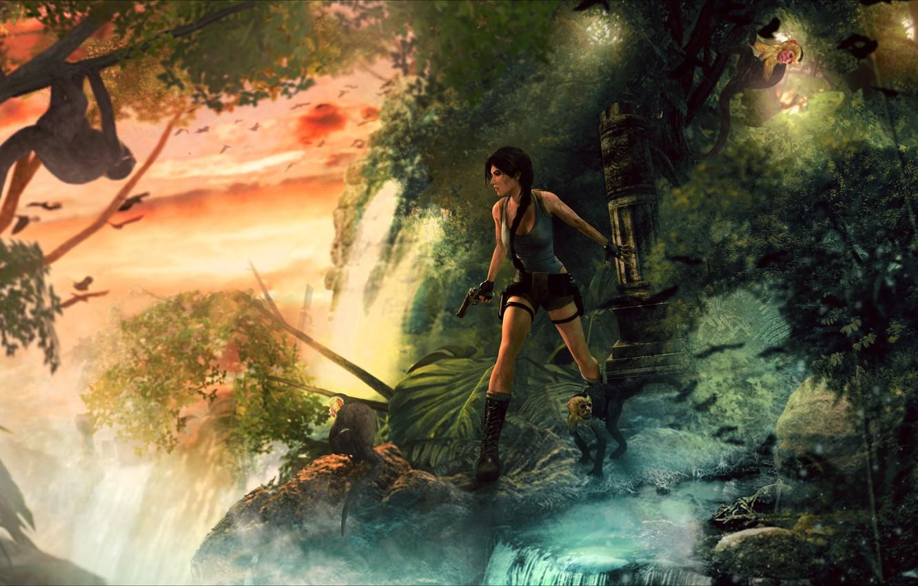 1332x850 Wallpaper forest, girl, monkey, lara croft, tomb raider, fan art image for desktop, section игры