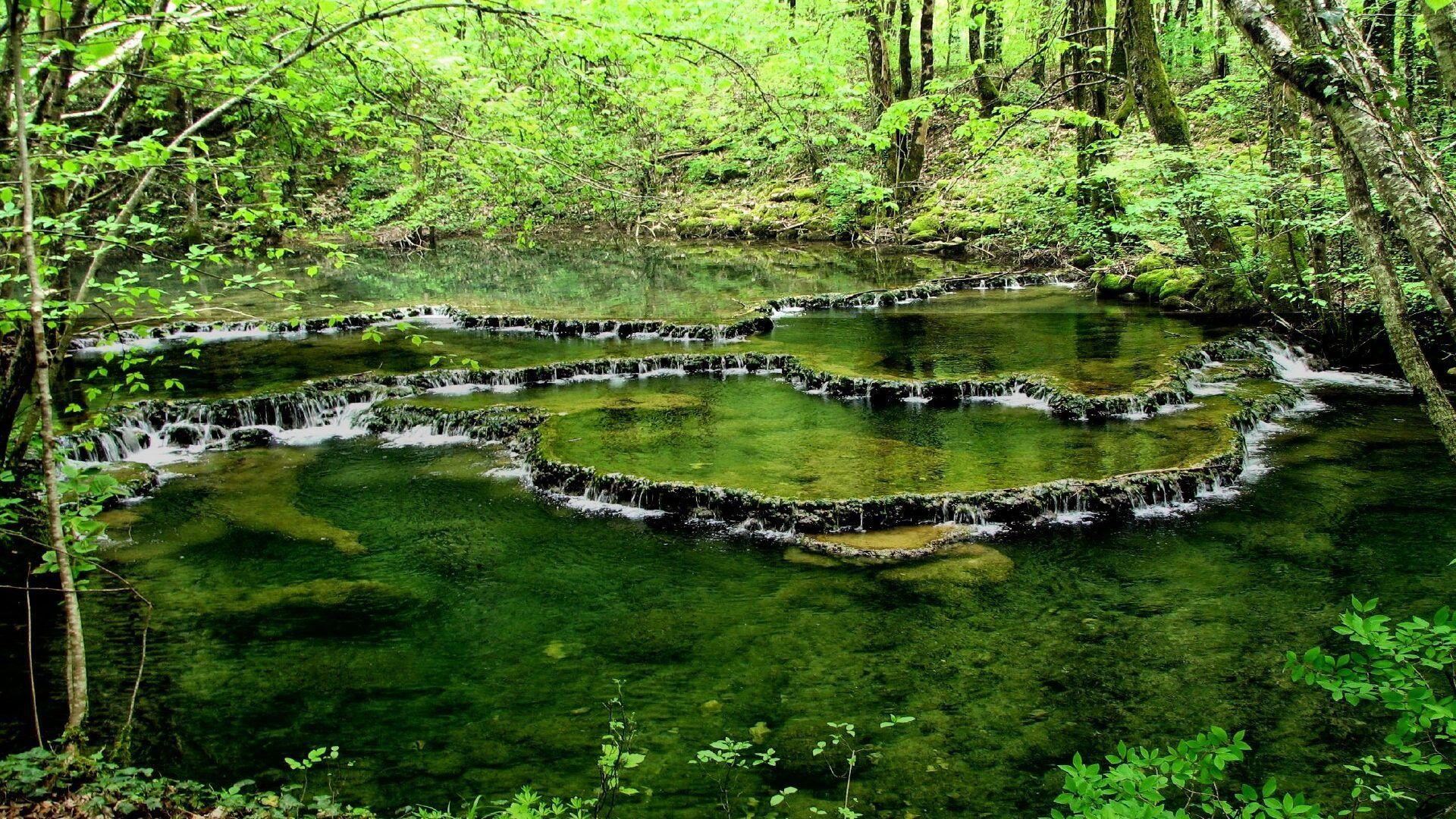1920x1080 Des Tag wallpaper: Planches Pond Cascade Green Des Lake View