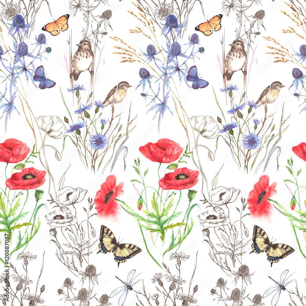 1000x1000 Hand Drawn Watercolor Floral Seamless Pattern. Summer Meadow Flowers, Cornflowers, Grass, Feverweed, Butterflies And Birds On The White Background, Repeated Pattern For Textile, Wallpaper. Stock Illustration