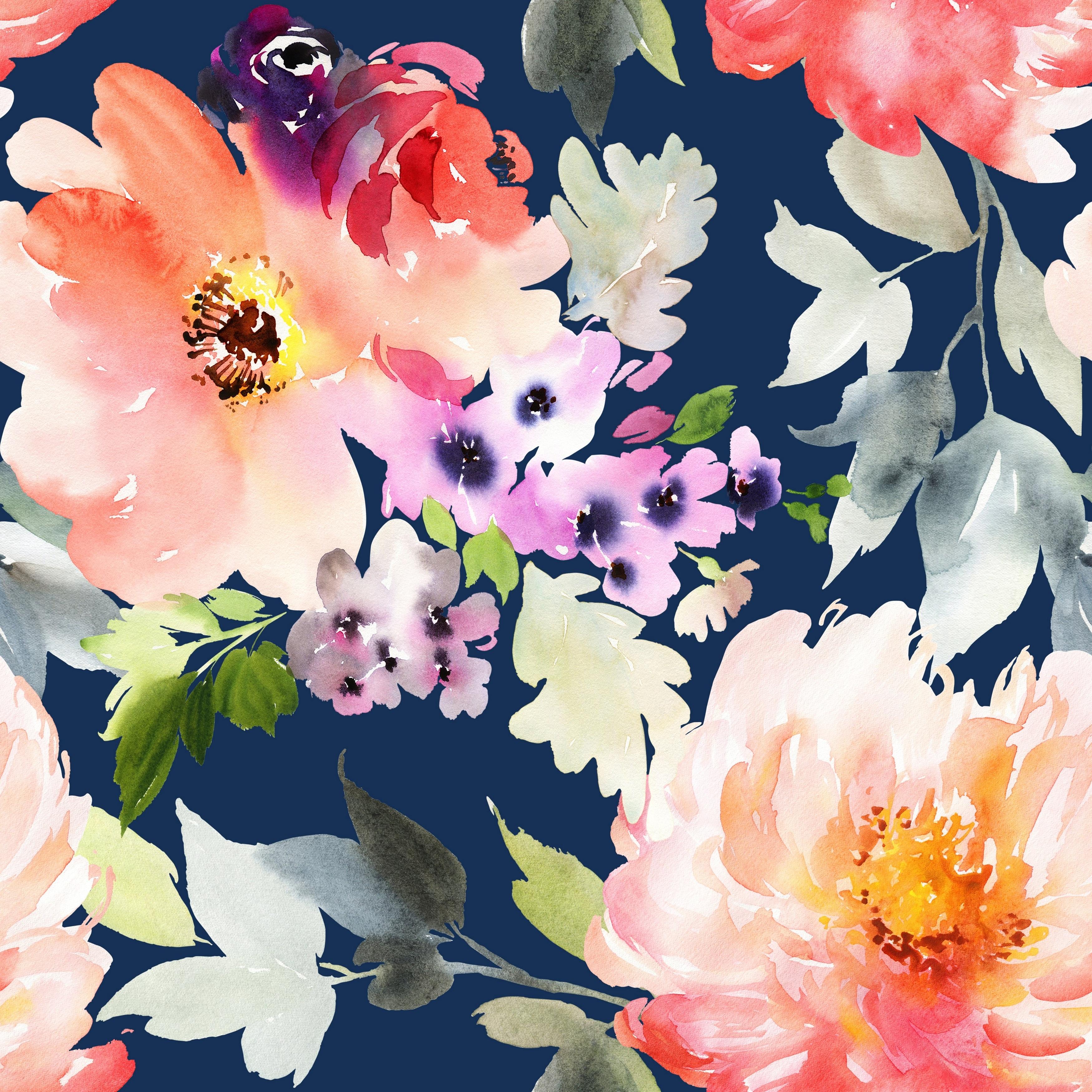 3500x3500 Large Watercolor Flowers on Navy Background Wallpaper Mural Sale