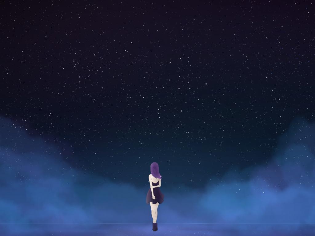 1024x768 Desktop wallpaper starry sky, fantasy, anime girl, minimal, night, HD image, picture, background, 002d55