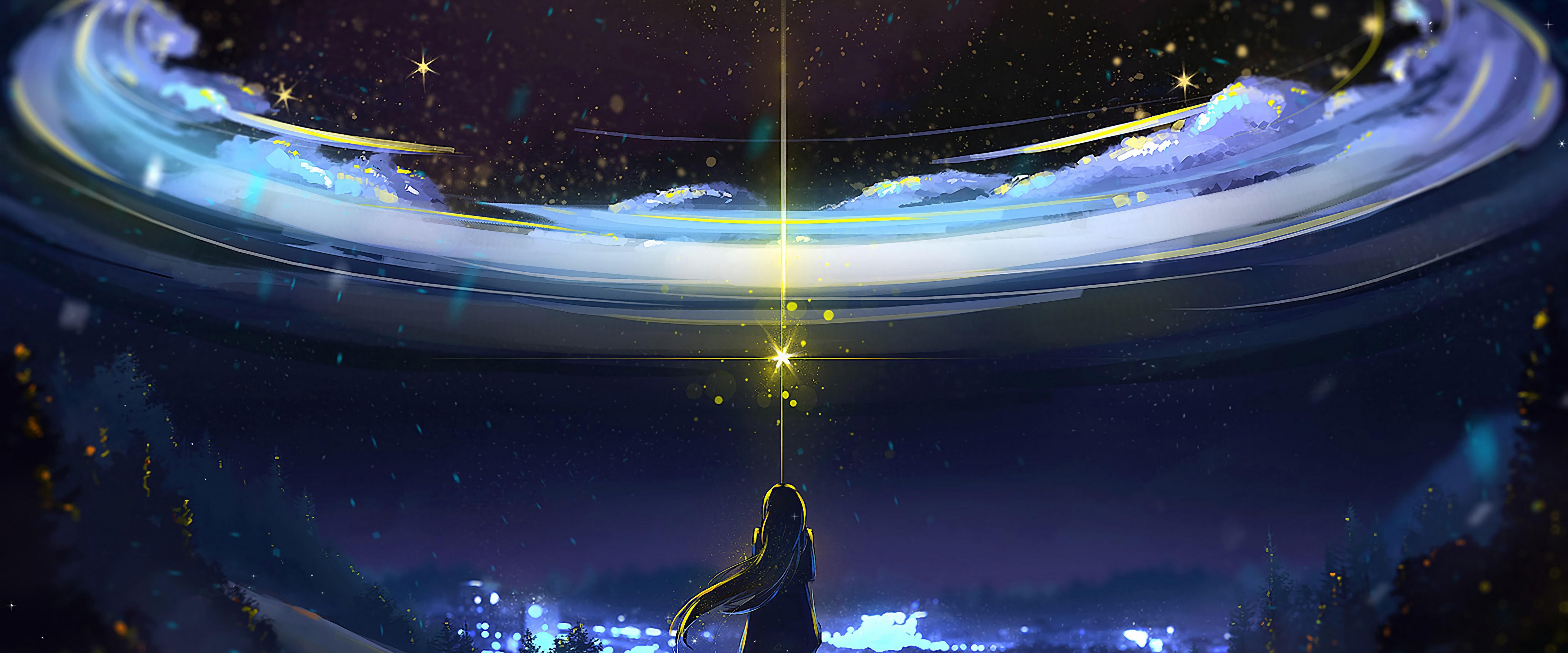 7680x3200 Anime Night Sky Scenery 4K Wallpaper