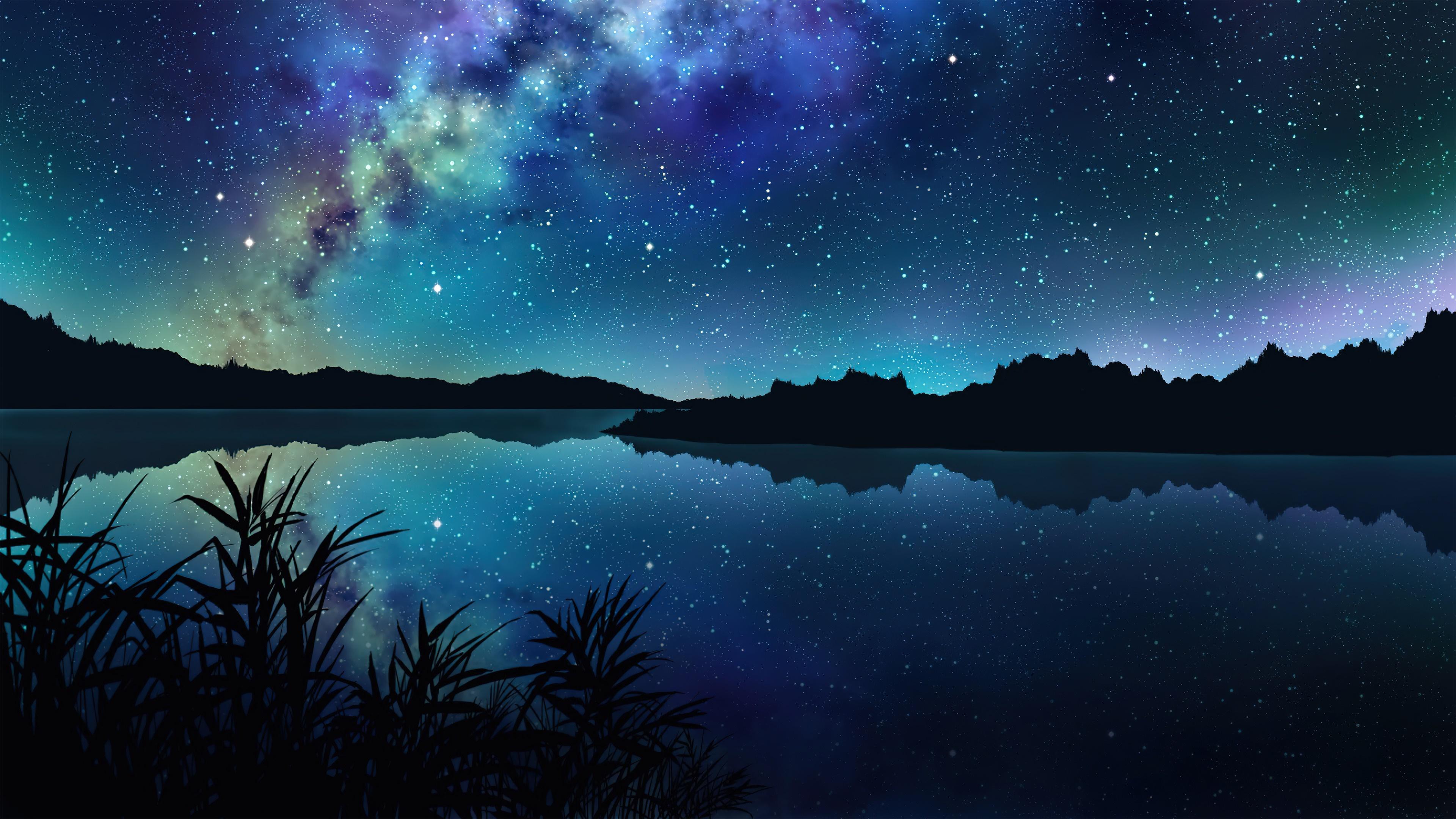 3840x2160 wallpaper, starry, stars, night, sky, milky way, anime, scenery, art, 4k, HD HD Wallpaper