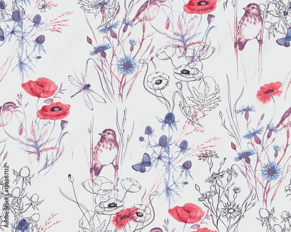 1000x800 Hand Drawn Watercolor Floral Seamless Pattern. Summer Meadow Flowers, Cornflowers, Grass, Feverweed, Butterflies And Birds On The White Background, Repeated Pattern For Textile, Wallpaper. Stock Illustration