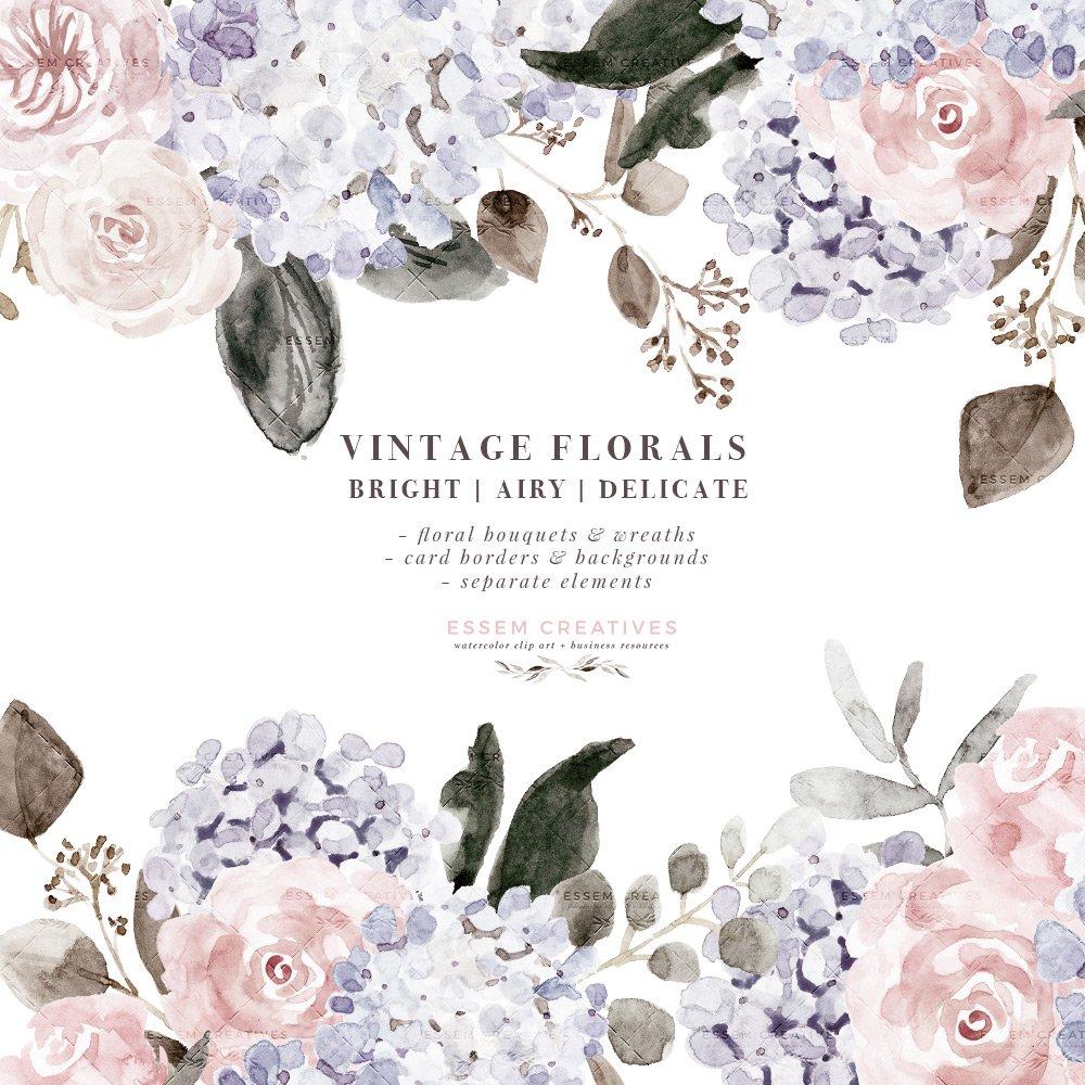 1000x1000 Vintage Watercolor Floral Graphics Clipart, Dusty Purple Mauve Rose Hydrangea Peony Flowers Clip art