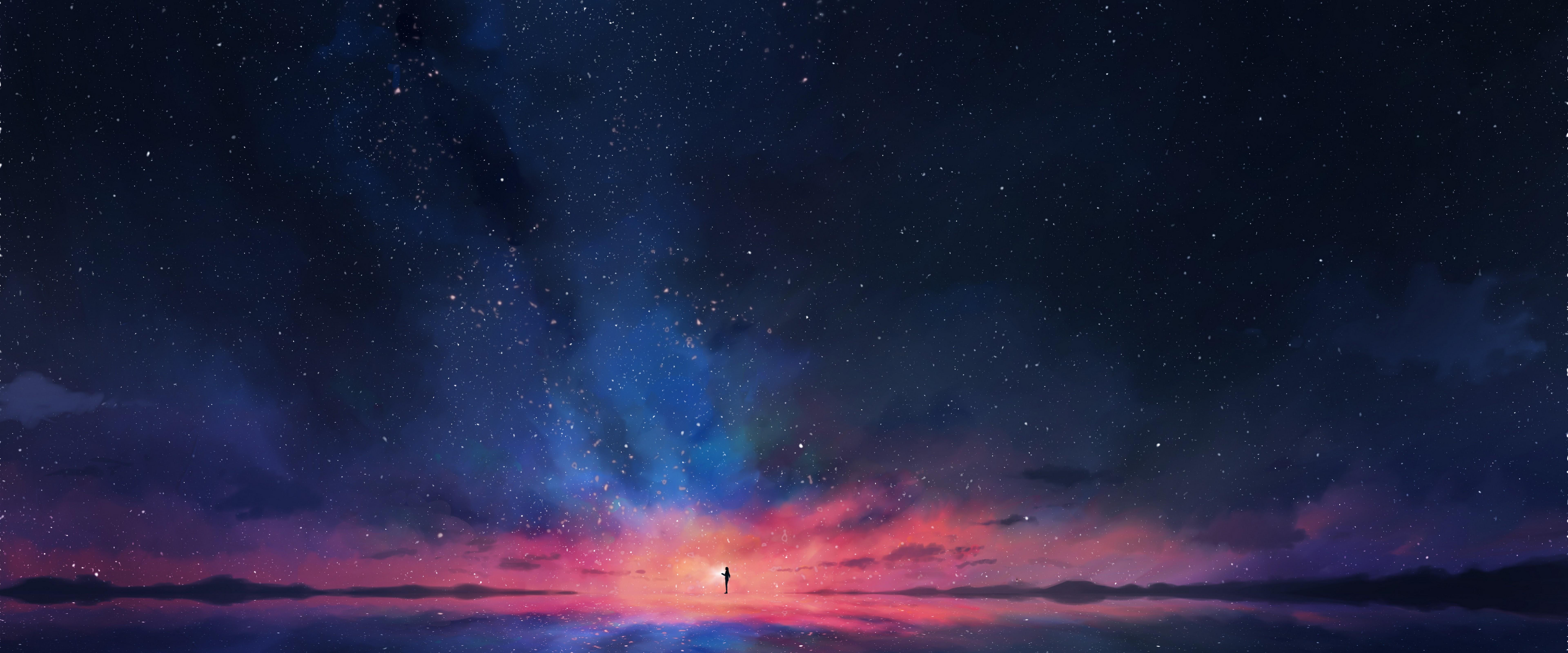 7680x3200 Anime Night Sky Stars Horizon Scenery 4K Wallpaper