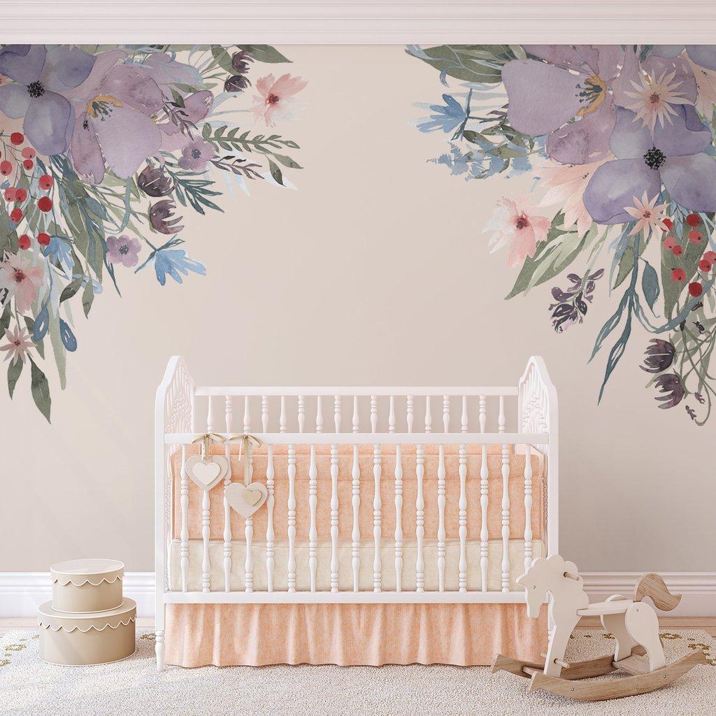 1024x1024 WILD SUMMER GARDEN CORNERS Lavender Pink Watercolor Flowers Wall Decal