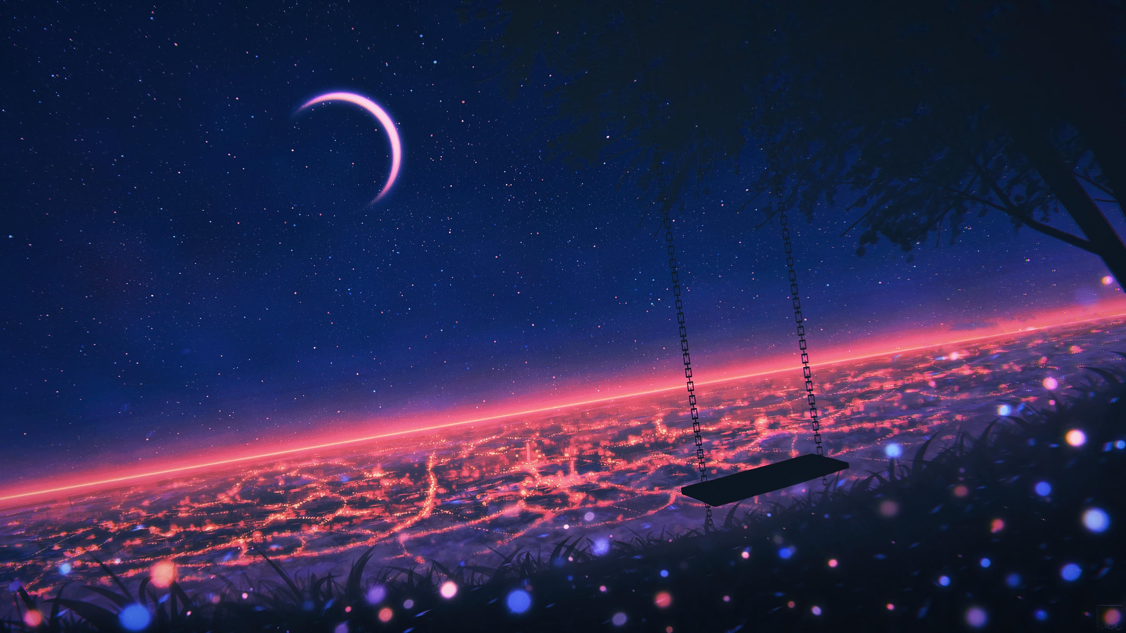 3840x2160 wallpaper, night, scenery, starry, sky, anime, art, 4k, HD HD Wallpaper