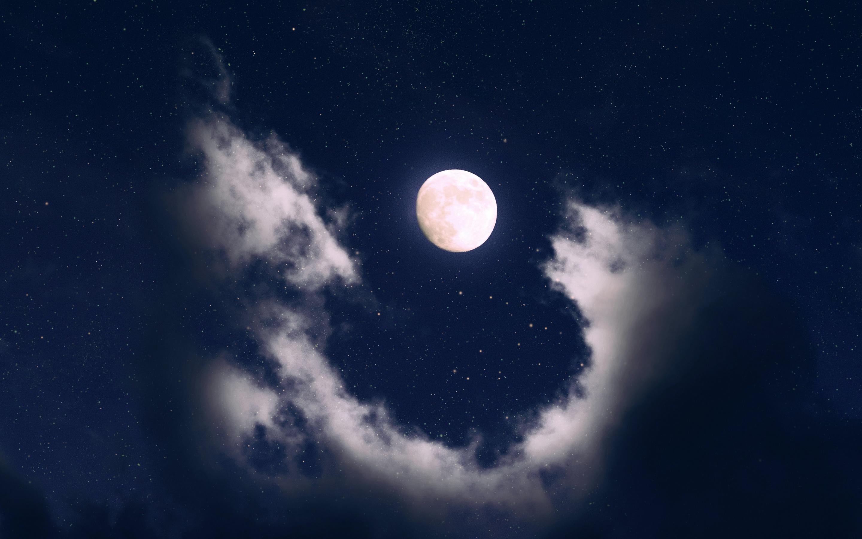 2880x1800 Full moon Wallpaper 4K, Clouds, Night, Starry sky, Nature