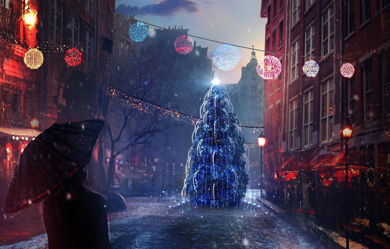 1332x850 Wallpaper snow, mood, holiday, street, people, tree, new year, Christmas, the evening, art image for desktop, section праздники