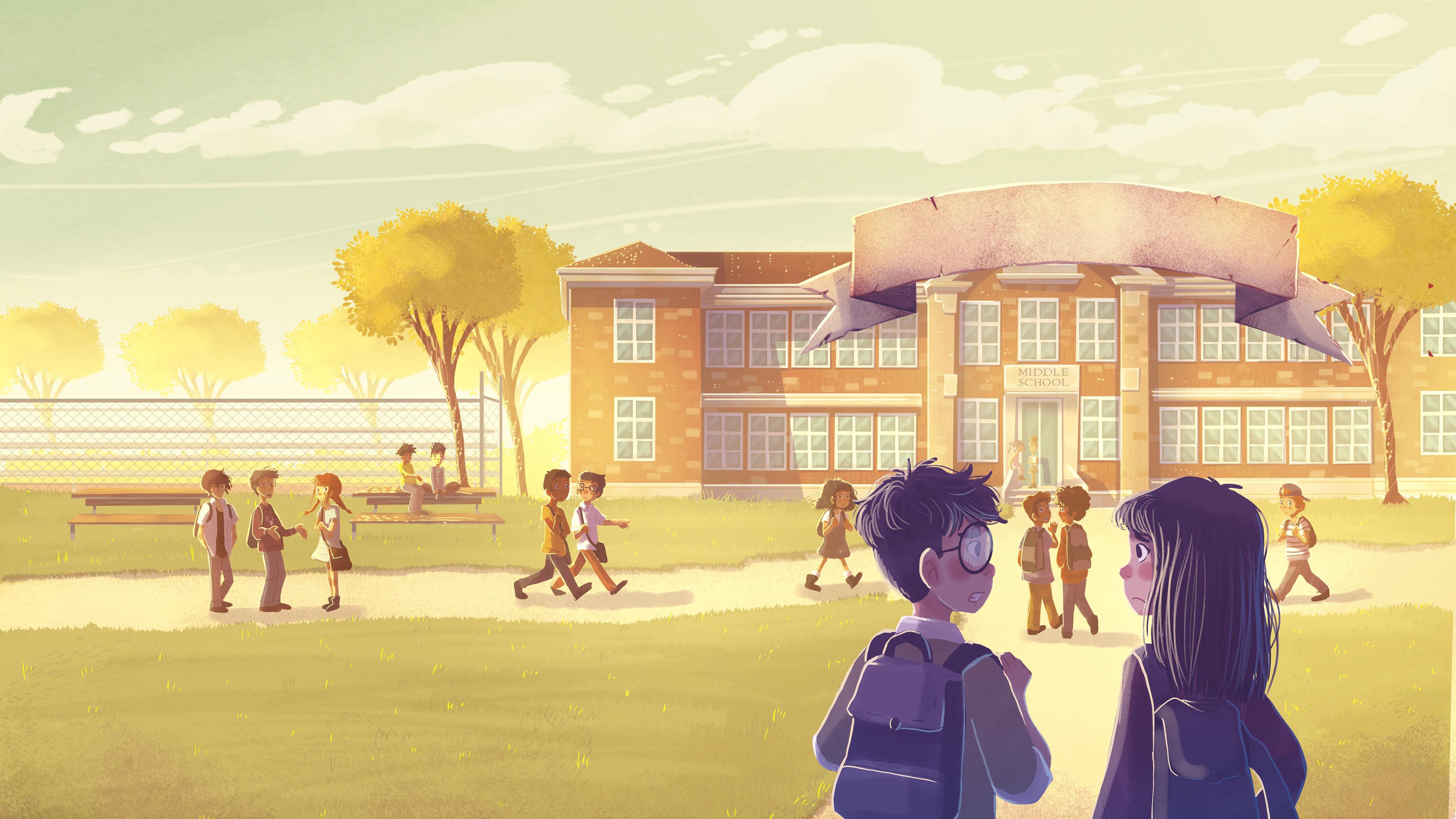 3840x2160 Wallpaper 4k Boy And Girl Going To School Illustration Wallpaper