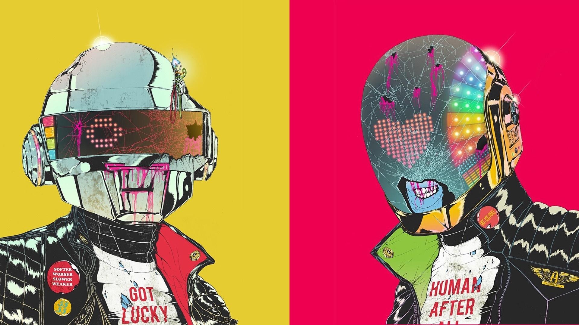 1920x1080 illustration, music, cartoon, cyborg, Daft Punk, poster, ART, comic book HD Wallpaper