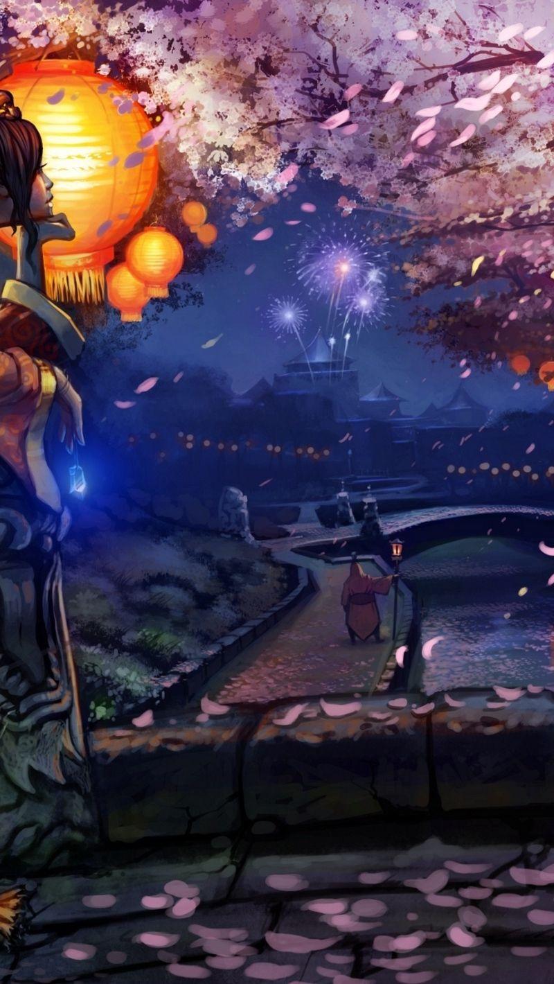 800x1420 Download wallpaper 800x1420 girl, dreams, japan, oriental cherry