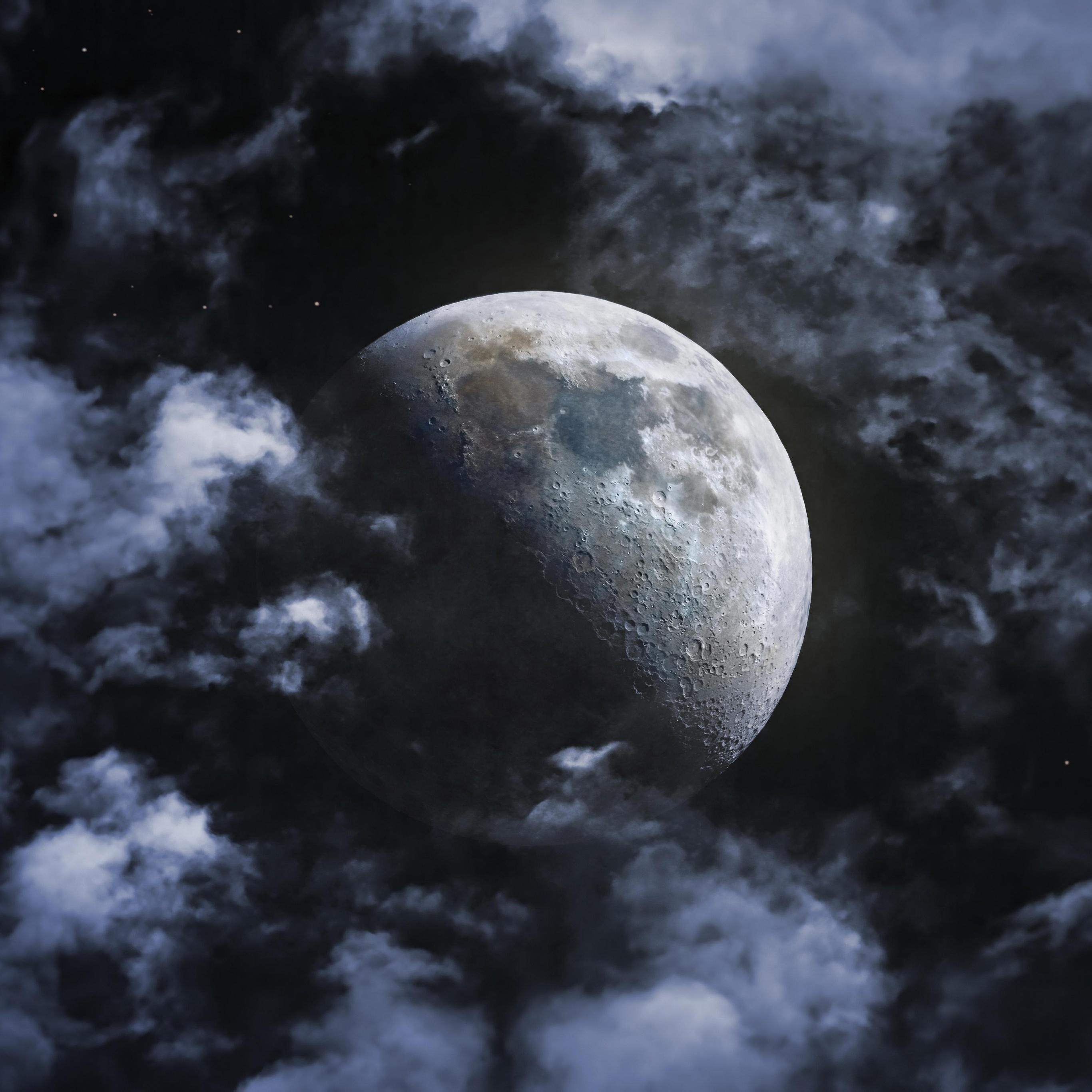 2732x2732 Moon Wallpaper 4K, Clouds, Astrophotography, Night, Dark, Space