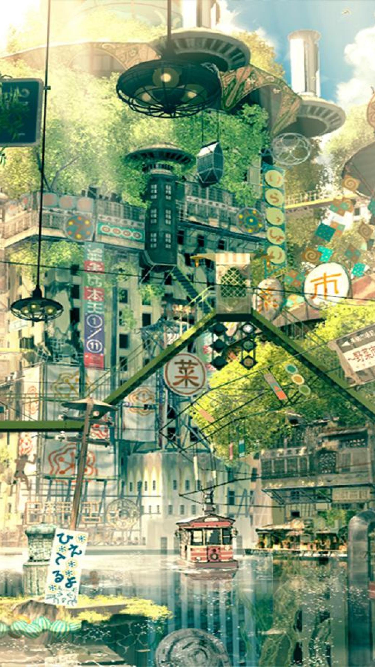 1440x2560 Scenic City Floral River Anime Oriental Tree HD Wallpaper, Desktop