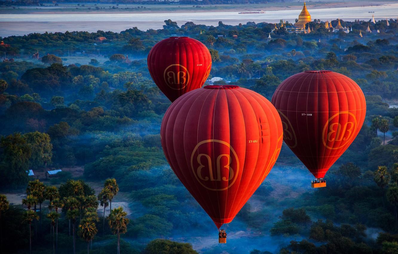 1332x850 Wallpaper trees, landscape, nature, the city, fog, river, balloons, dawn, morning, roof, temple, the dome, Myanmar, Myanmar, Bagan, Bagan image for desktop, section пейзажи