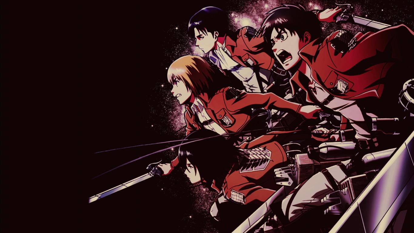 1366x768 Attack On Titan Armin Arlert Eren Yeager Levi Ackerman Mikasa Ackerman With Background Of Dark Night HD Anime Wallpaper