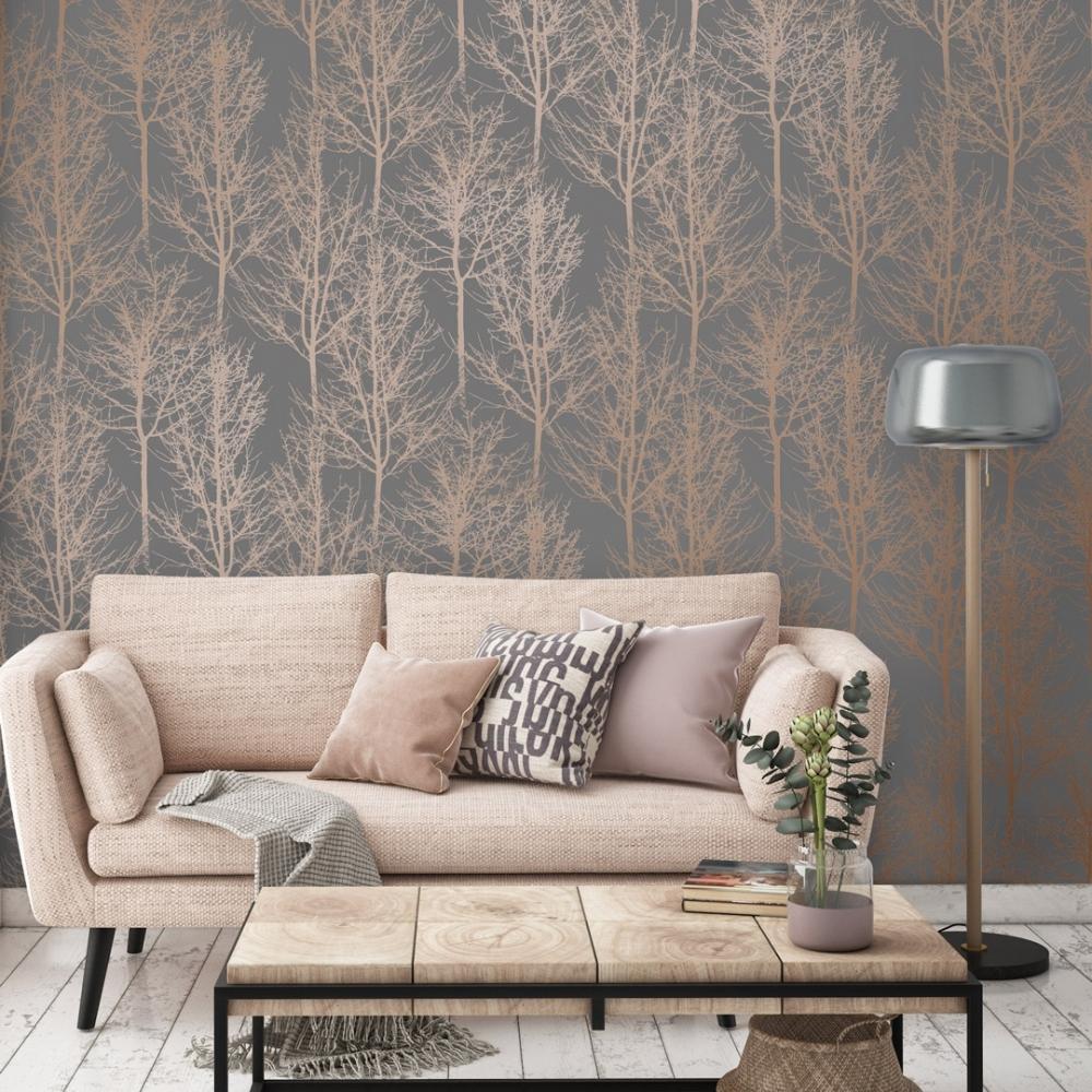 1000x1000 Winter Tree Metallic wallpaper in charcoal & copper. I Love Wallpaper