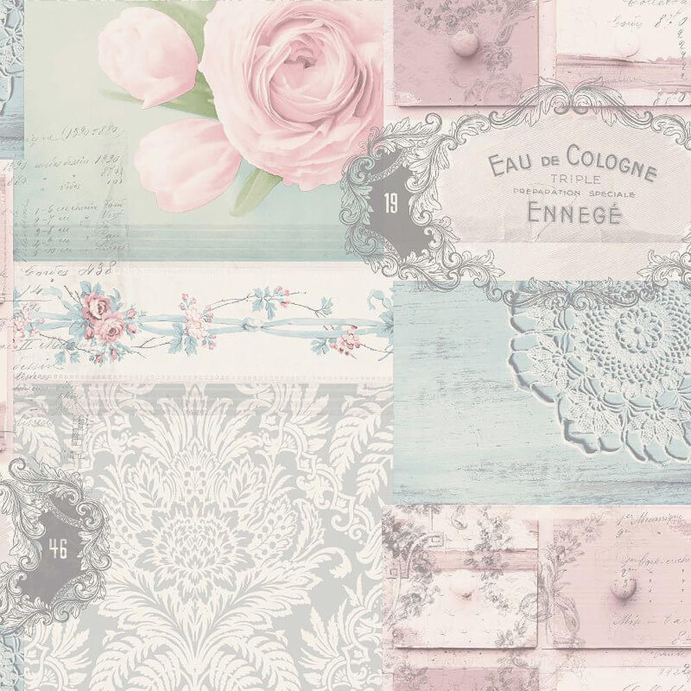 1000x1000 Decoupage Patchwork Floral Wallpaper Flowers Yellow Blue Pink Silver Metallic