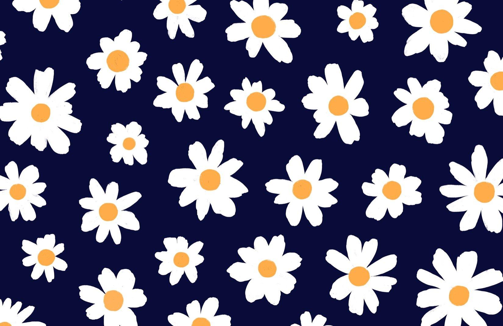 1650x1070 Blue & White Retro Daisy Floral Wallpaper Mural