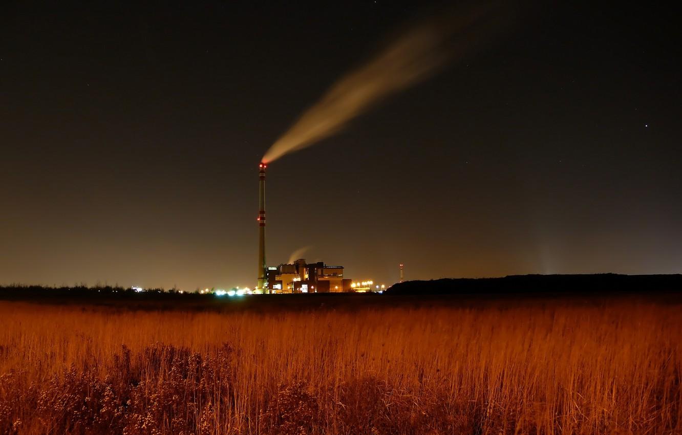 1332x850 Wallpaper field, night, lights, factory, industrial landscape image for desktop, section пейзажи