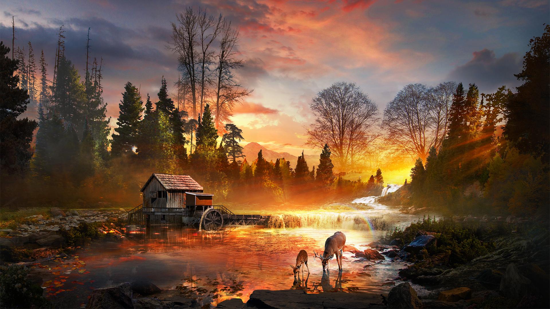 1920x1080 Autumn forest creek cabin watercutum small deer rainbow beautiful artistic landscape HD wallpaper