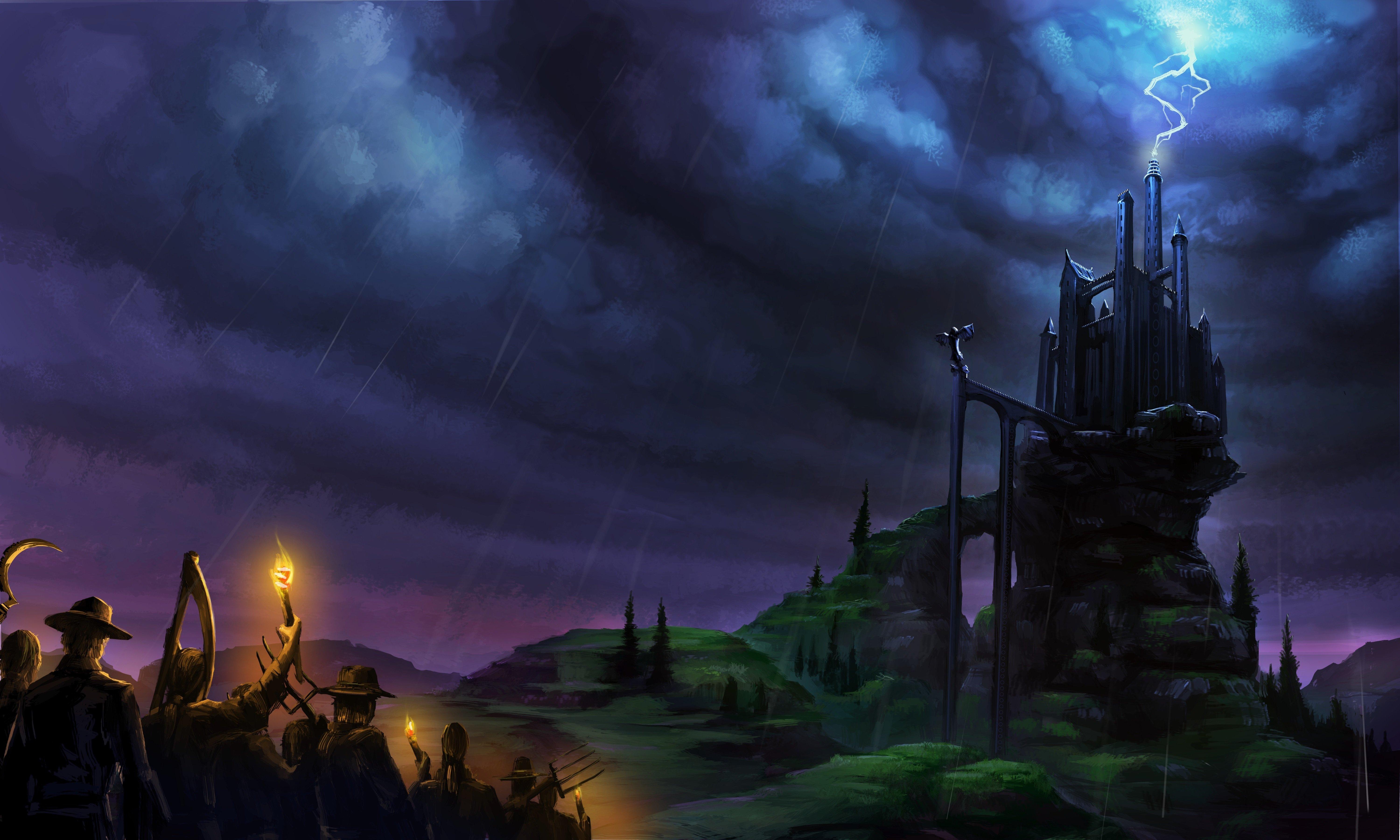 6000x3600 fantastic, World, Castle, Rain, Frankenstein, Lightning, Clouds, Fantasy, Halloween Wallpaper HD / Desktop and Mobile Background