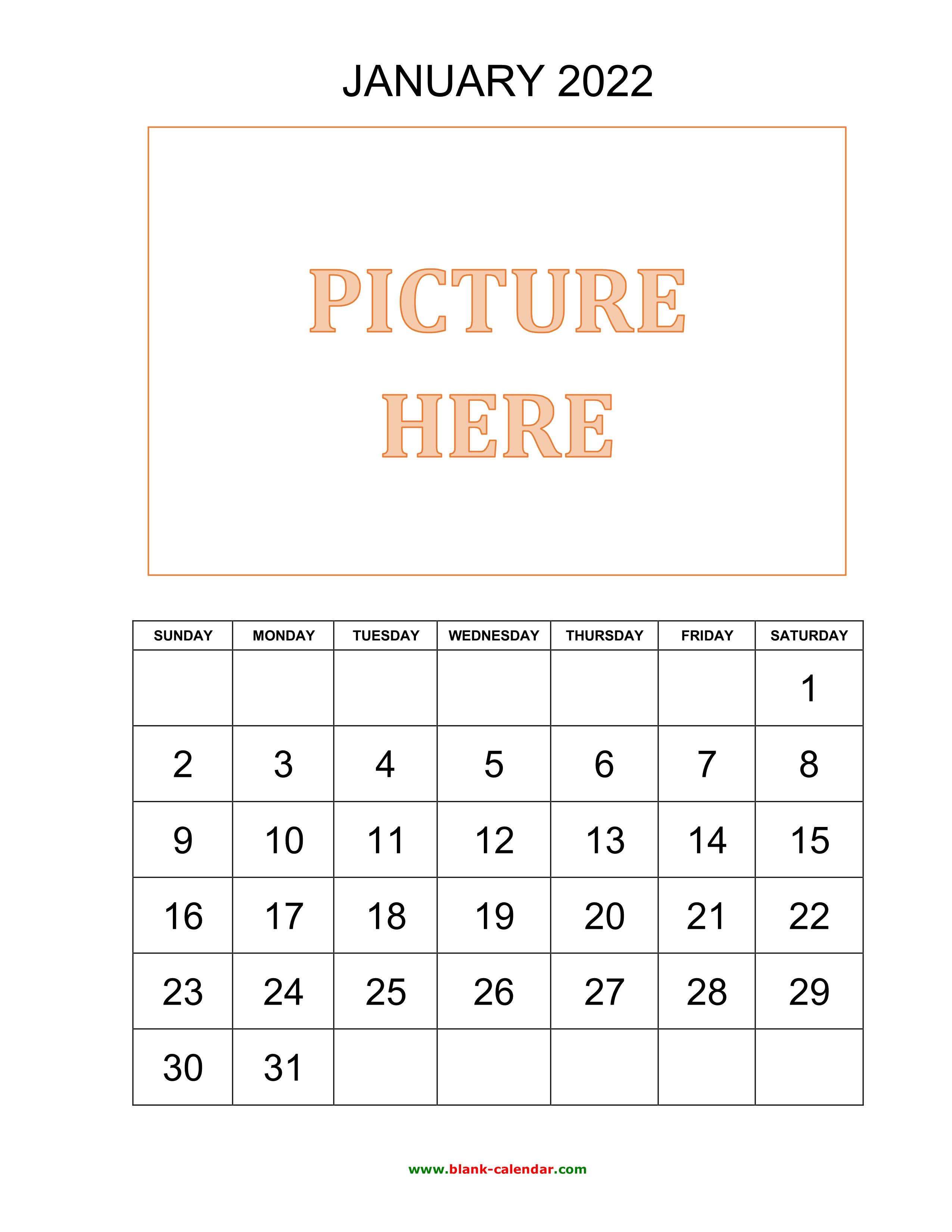2550x3300 Free Download Printable January 2022 Calendar, picture can be placed