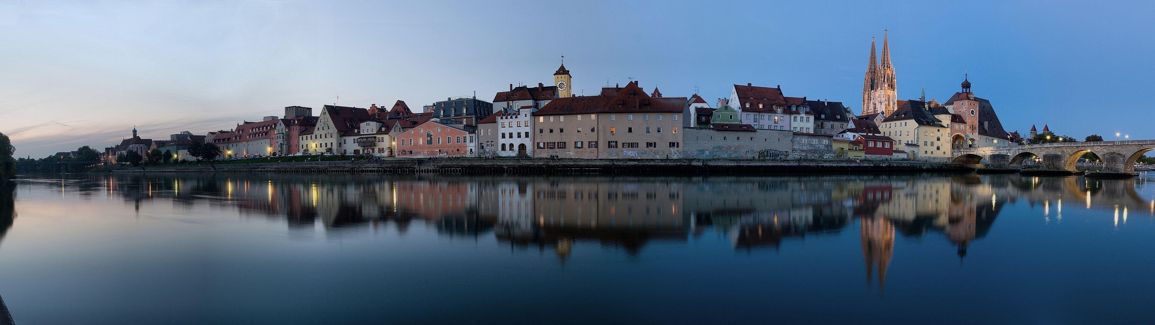 3840x1080 Regensburg, Germany, City, Reflection, River, Sunset, Multiple Display Wallpaper HD / Desktop and Mobile Background