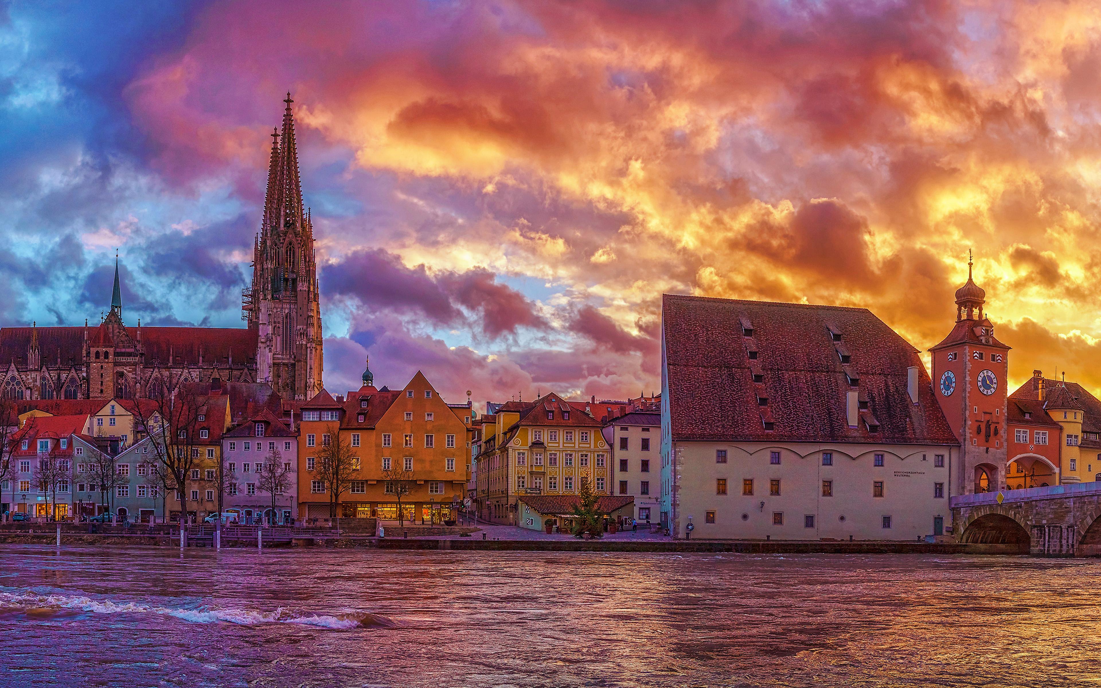3840x2400 Download wallpaper 4k, Regensburg Cathedral, HDR, embankment, german cities, Europe, Germany, Regensburg, Cities of Germany, sunset, Regensburg Germany, cityscapes for desktop with resolution 3840x2400. High Quality HD picture wallpaper